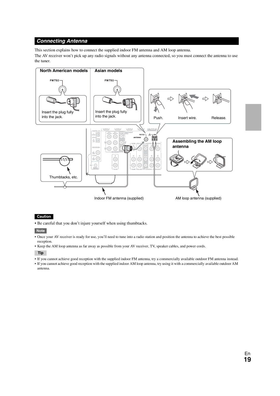 Onkyo HT-S5300 instruction manual Connecting Antenna, North American models Asian models, Assembling the AM loop antenna 