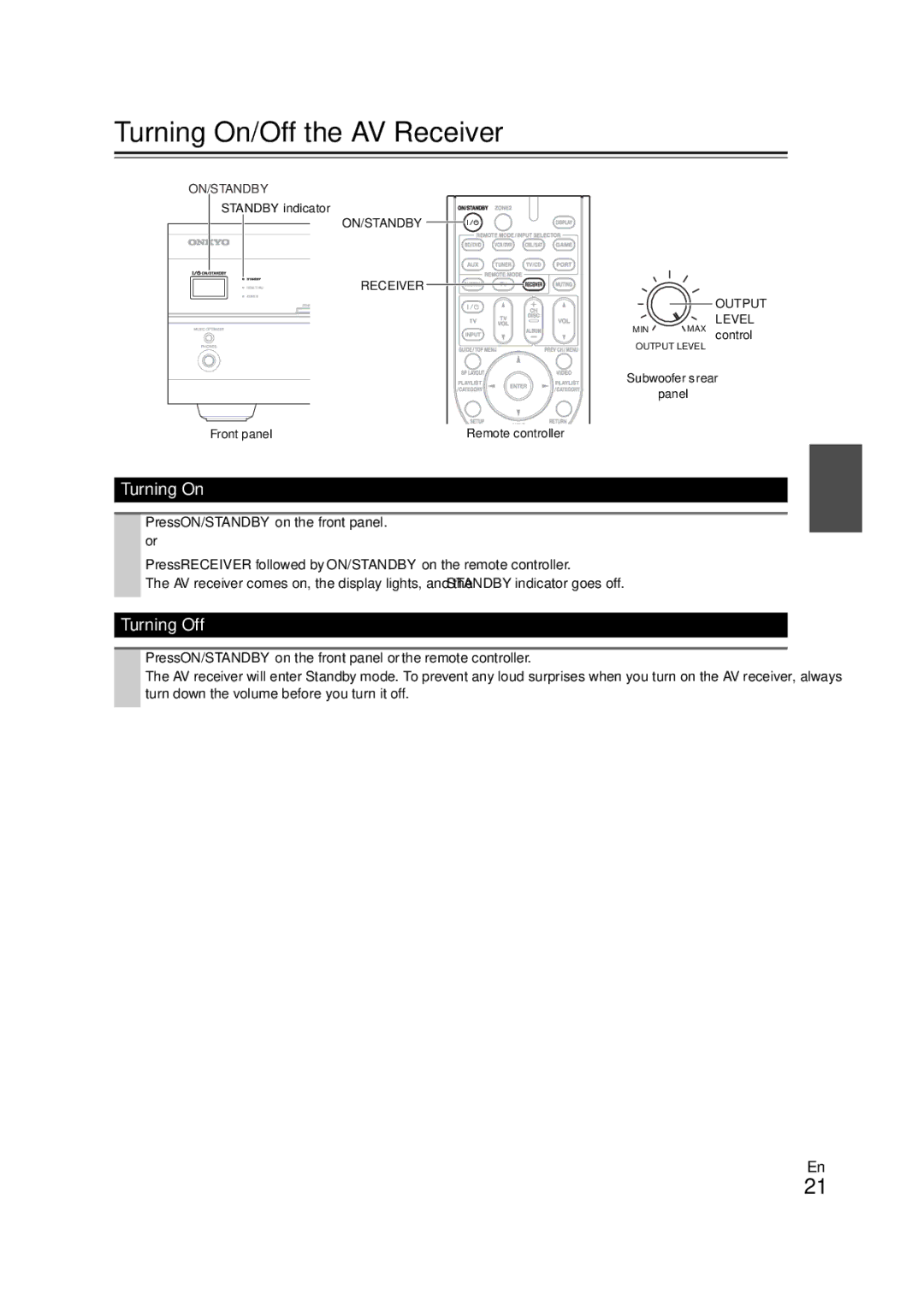 Onkyo HT-S5300 instruction manual Turning On/Off the AV Receiver, Turning Off 