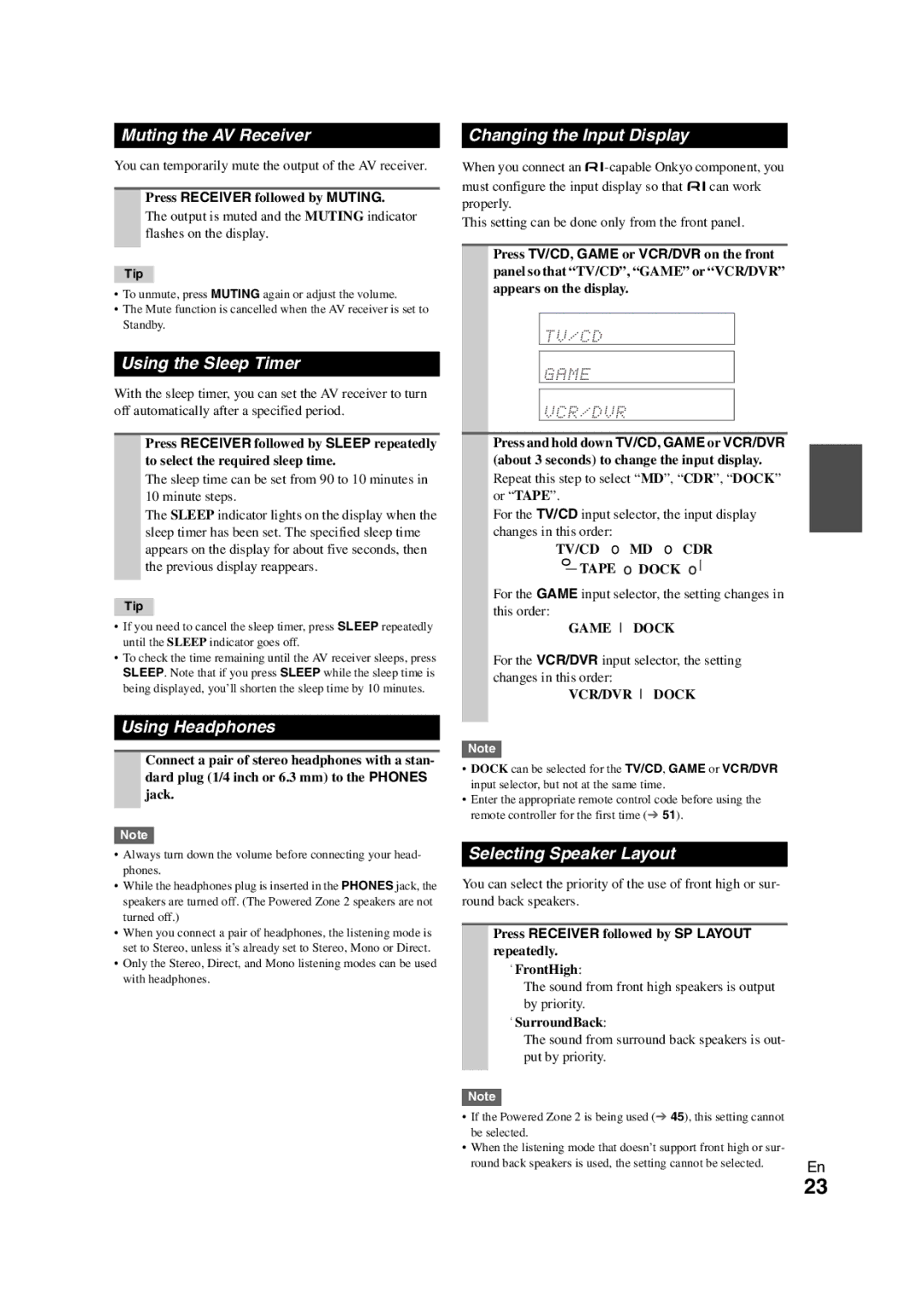 Onkyo HT-S5300 Muting the AV Receiver, Using the Sleep Timer, Using Headphones, Changing the Input Display 
