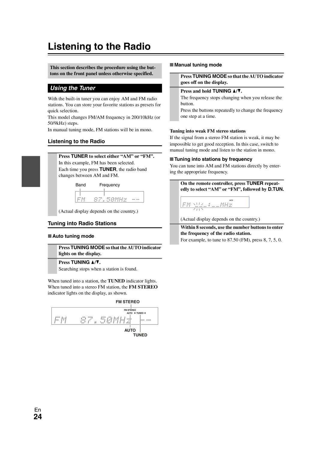 Onkyo HT-S5300 instruction manual Listening to the Radio, Using the Tuner, Tuning into Radio Stations 