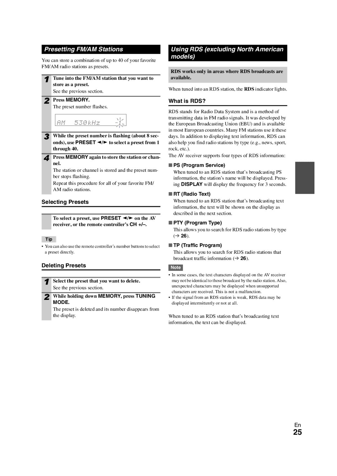 Onkyo HT-S5300 Presetting FM/AM Stations, Using RDS excluding North American models, Selecting Presets, Deleting Presets 