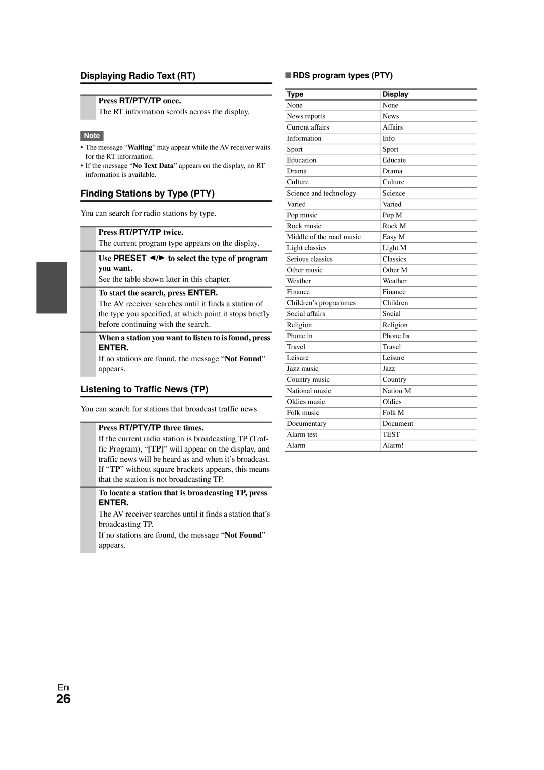 Onkyo HT-S5300 Displaying Radio Text RT, Finding Stations by Type PTY, Listening to Traffic News TP, RDS program types PTY 