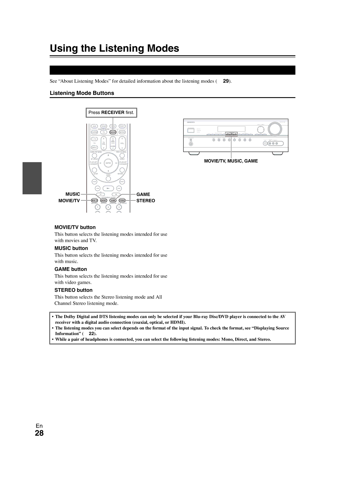 Onkyo HT-S5300 instruction manual Using the Listening Modes, Selecting Listening Modes, Listening Mode Buttons 