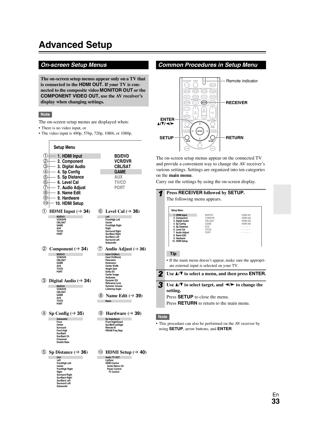 Onkyo HT-S5300 instruction manual Advanced Setup, On-screen Setup Menus Common Procedures in Setup Menu 