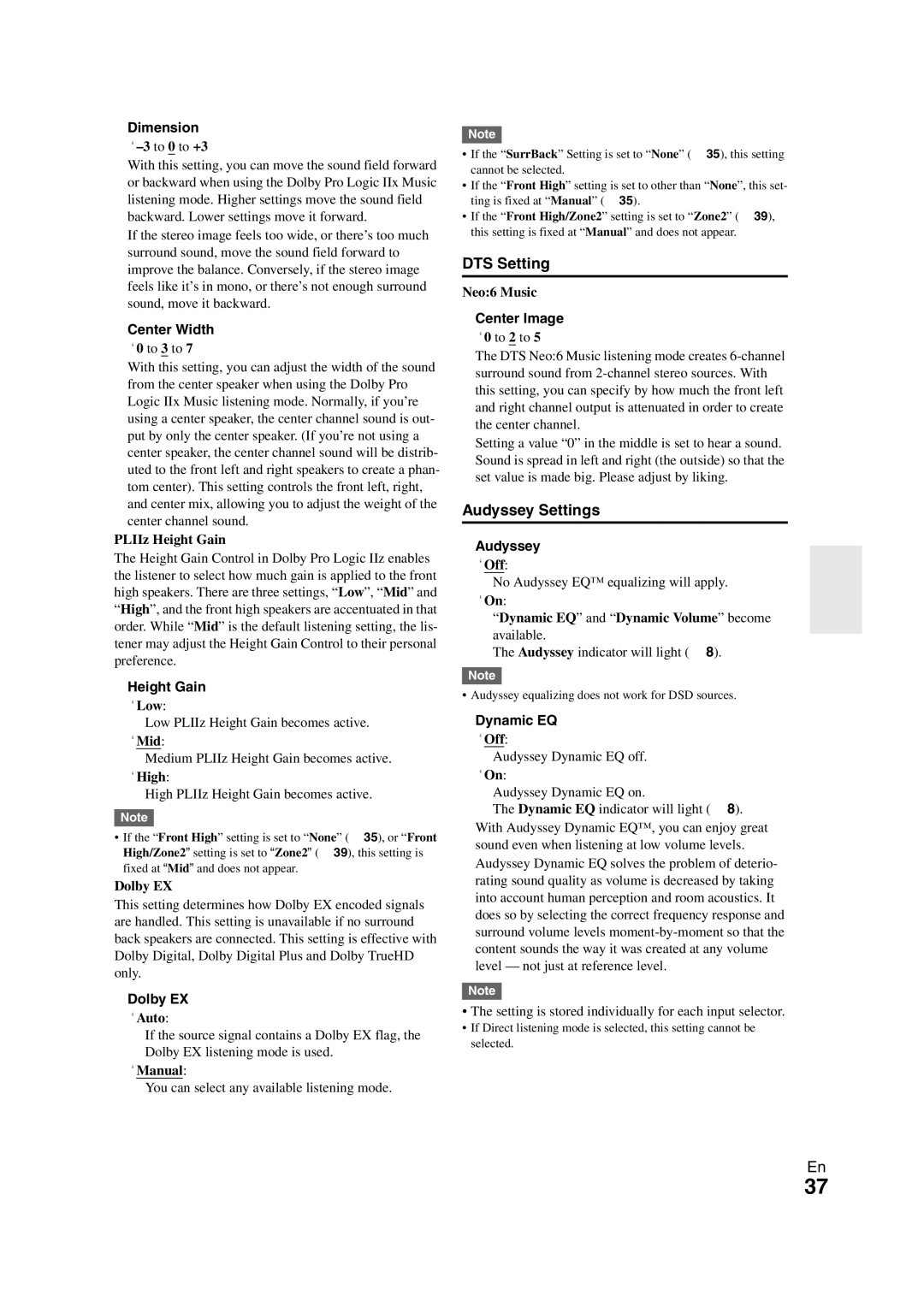 Onkyo HT-S5300 instruction manual DTS Setting, Audyssey Settings 