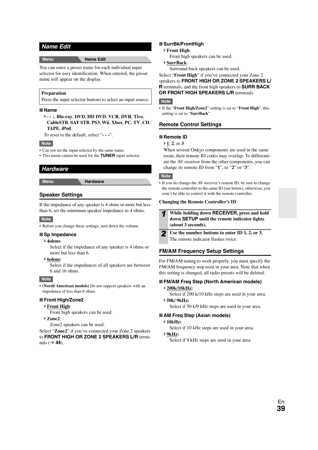 Onkyo HT-S5300 Name Edit, Hardware, Speaker Settings, Remote Control Settings, FM/AM Frequency Setup Settings 