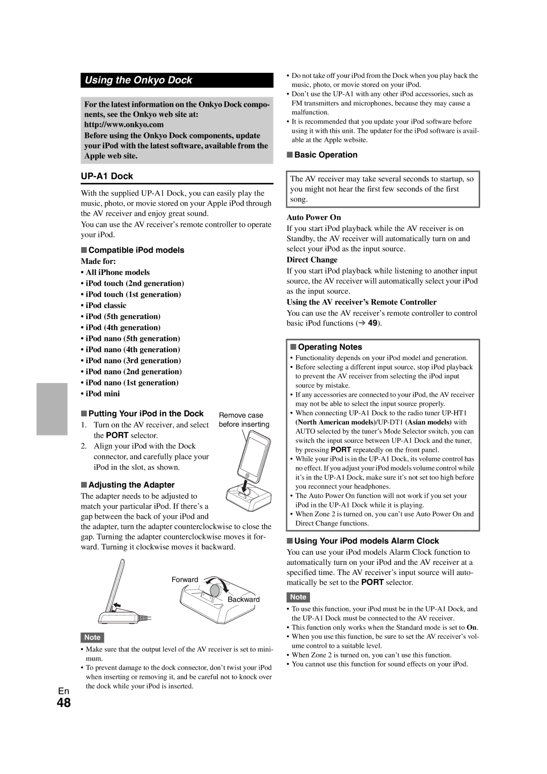 Onkyo HT-S5300 instruction manual Using the Onkyo Dock, UP-A1 Dock 