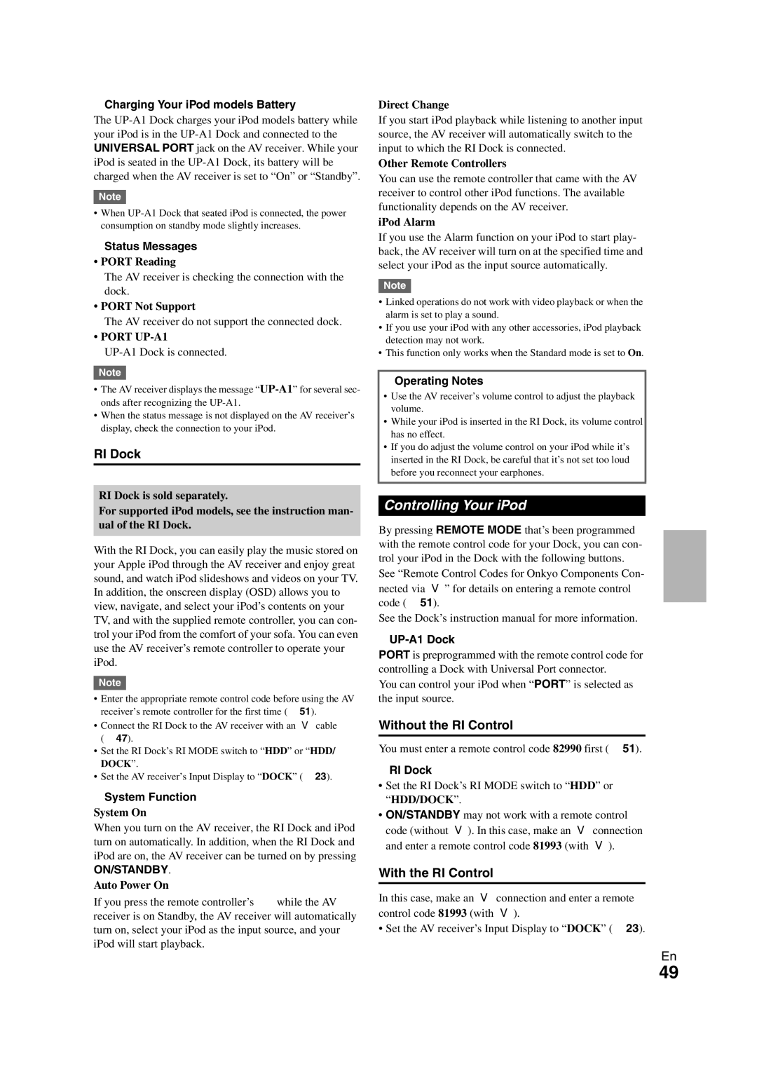 Onkyo HT-S5300 instruction manual Controlling Your iPod, RI Dock, Without the RI Control, With the RI Control 