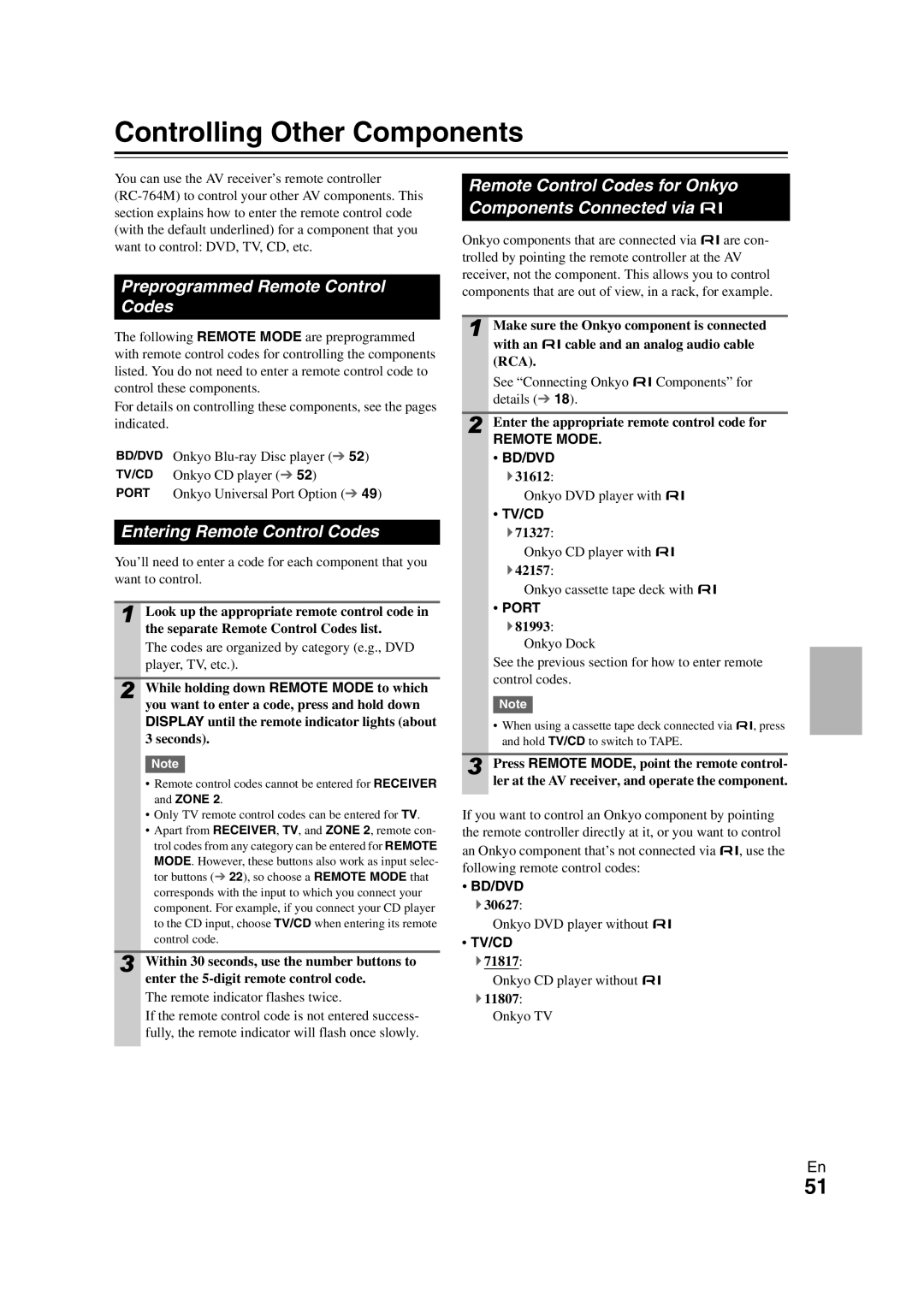 Onkyo HT-S5300 Controlling Other Components, Preprogrammed Remote Control Codes, Entering Remote Control Codes 