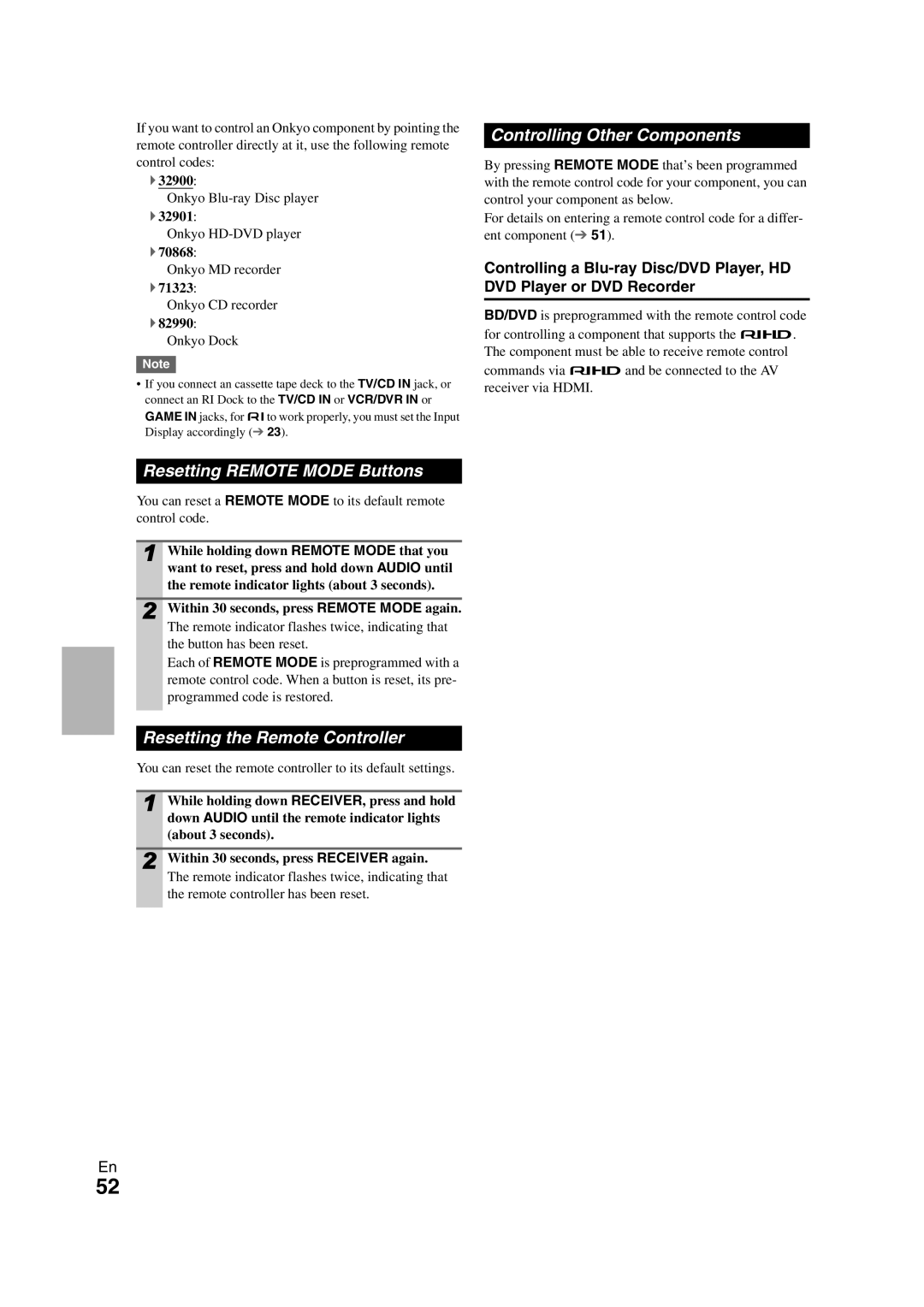 Onkyo HT-S5300 Resetting Remote Mode Buttons, Resetting the Remote Controller, Controlling Other Components 