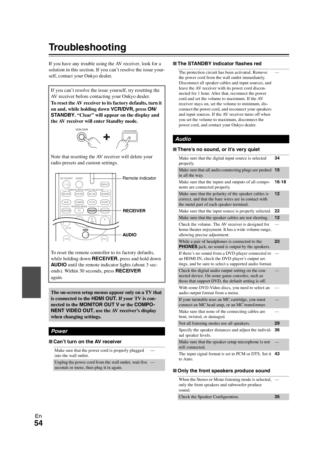 Onkyo HT-S5300 instruction manual Troubleshooting, Can’t turn on the AV receiver, Standby indicator flashes red 