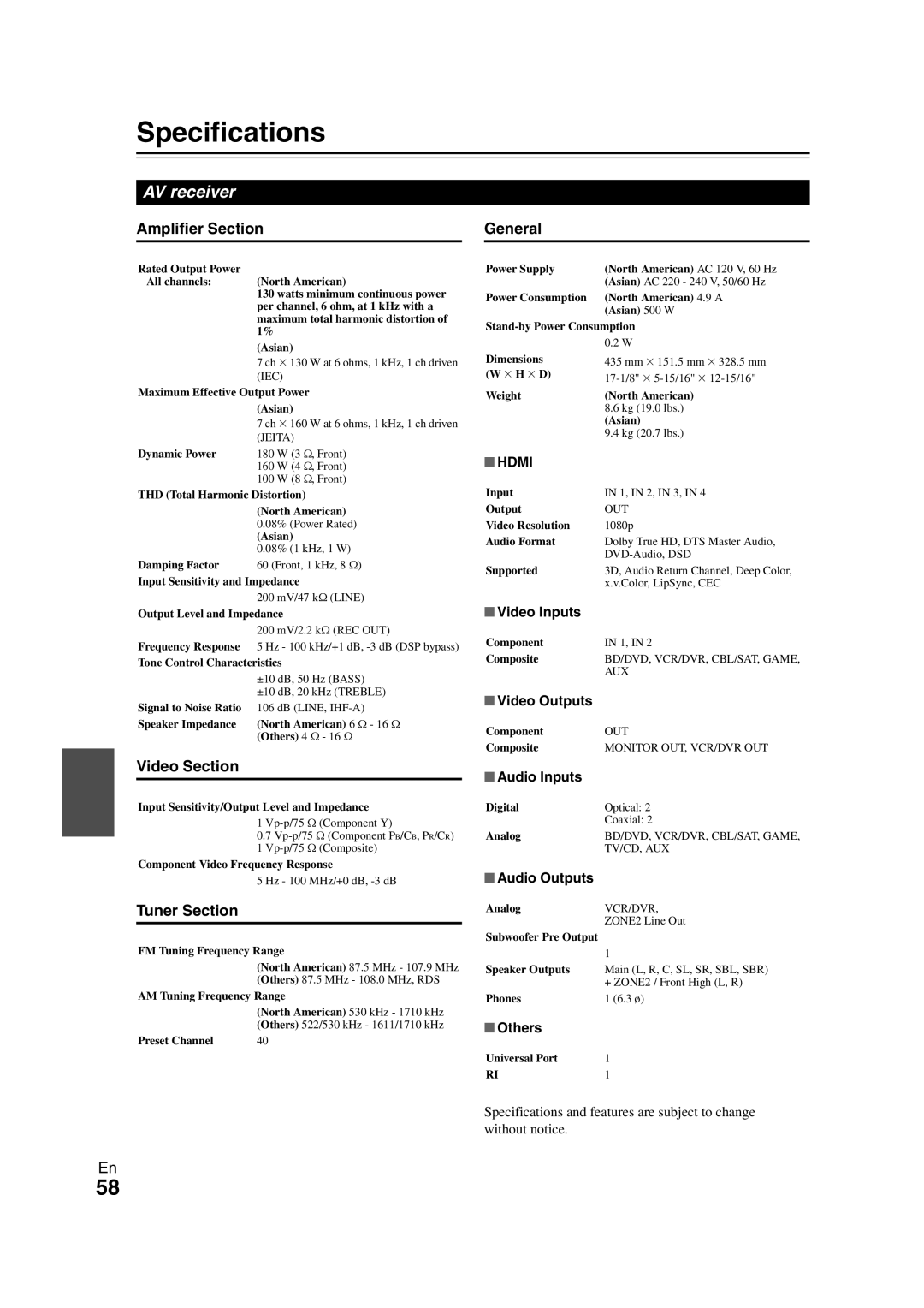 Onkyo HT-S5300 instruction manual Specifications, AV receiver 