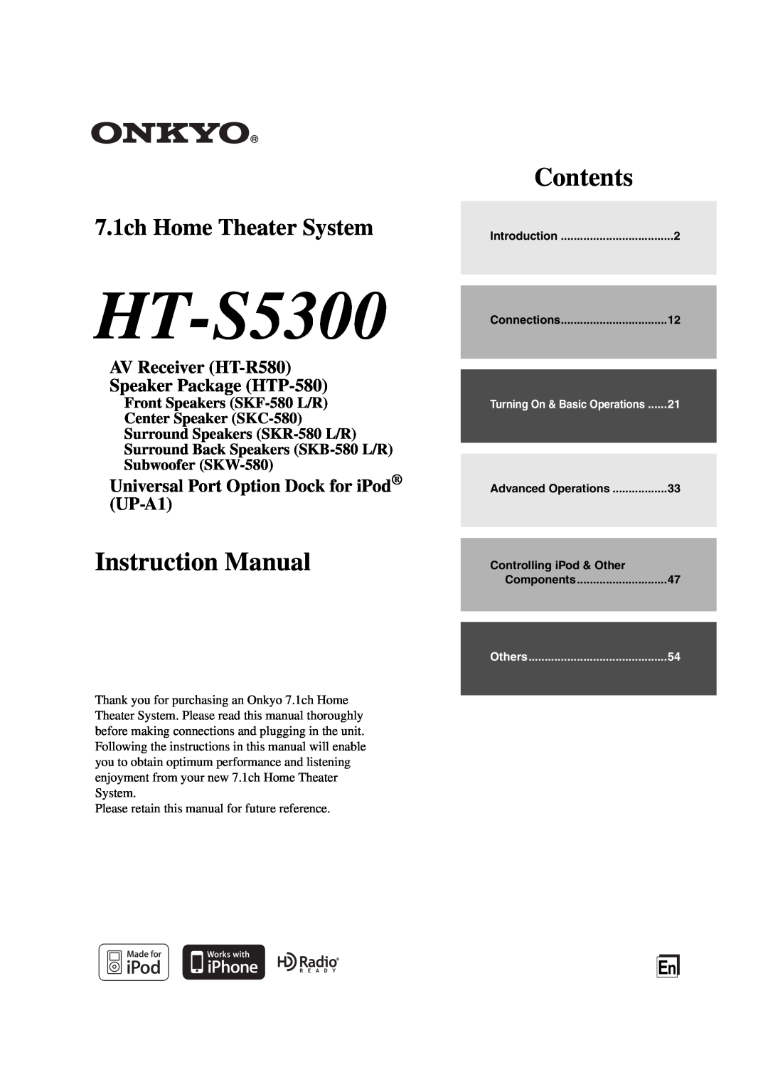 Onkyo HT-S5300 instruction manual Front Speakers SKF-580L/R Center Speaker SKC-580, Surround Speakers SKR-580L/R, Contents 