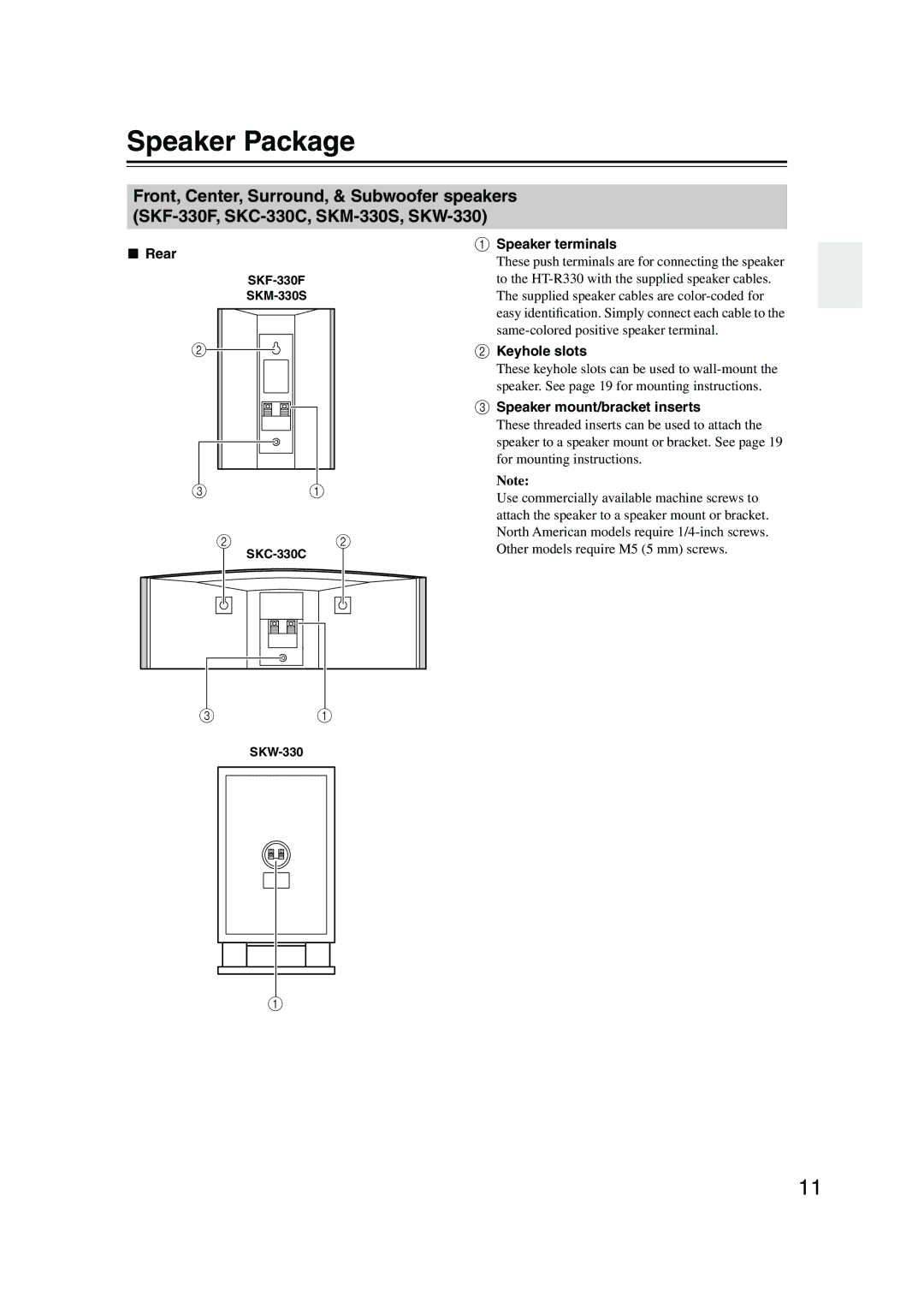 Onkyo HT-S580 instruction manual Speaker Package, Rear Speaker terminals, Keyhole slots, Speaker mount/bracket inserts 