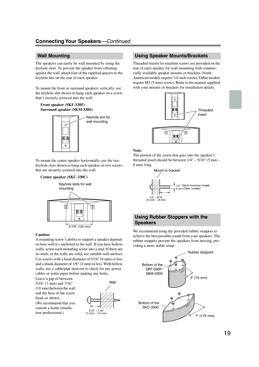 Onkyo HT-S580 instruction manual Wall Mounting, Using Speaker Mounts/Brackets, Using Rubber Stoppers with the Speakers 