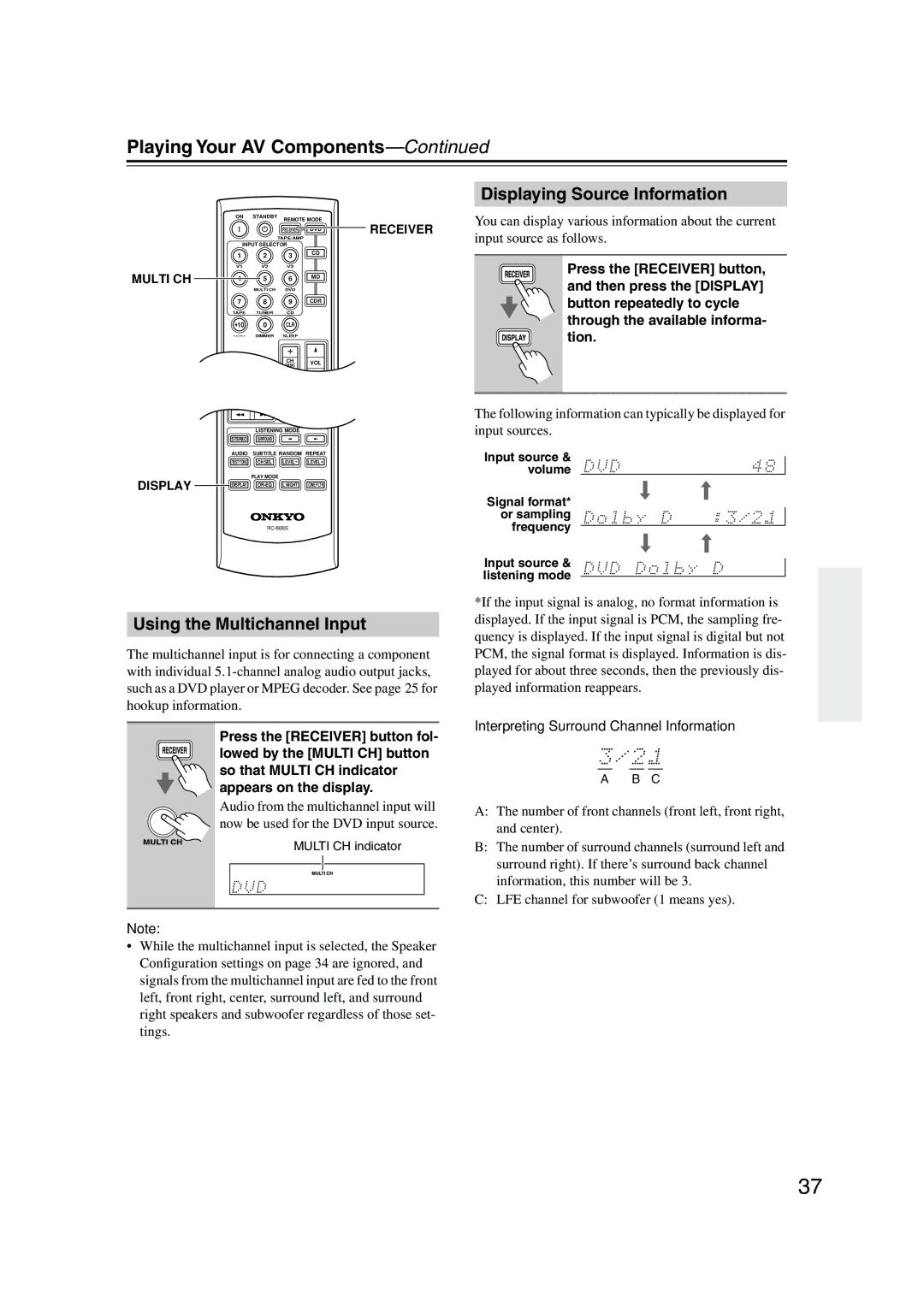 Onkyo HT-S580 instruction manual Playing Your AV Components, Using the Multichannel Input, Displaying Source Information 