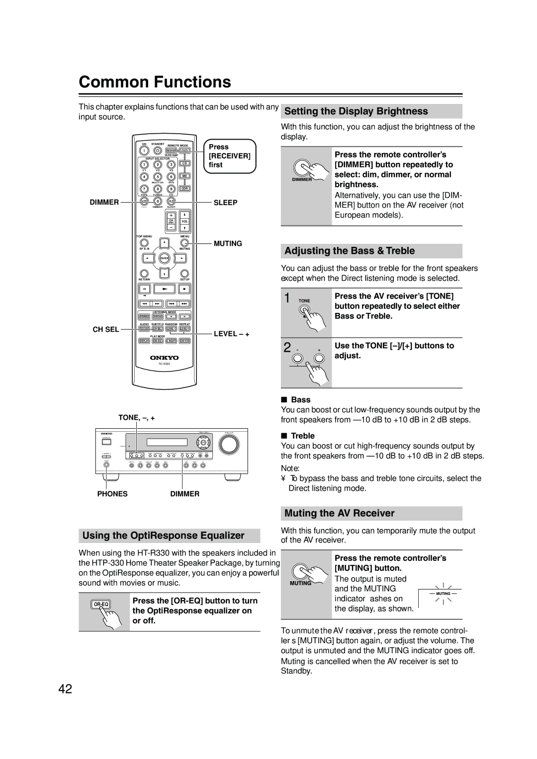 Onkyo HT-S580 Common Functions, Using the OptiResponse Equalizer, Setting the Display Brightness, Muting the AV Receiver 