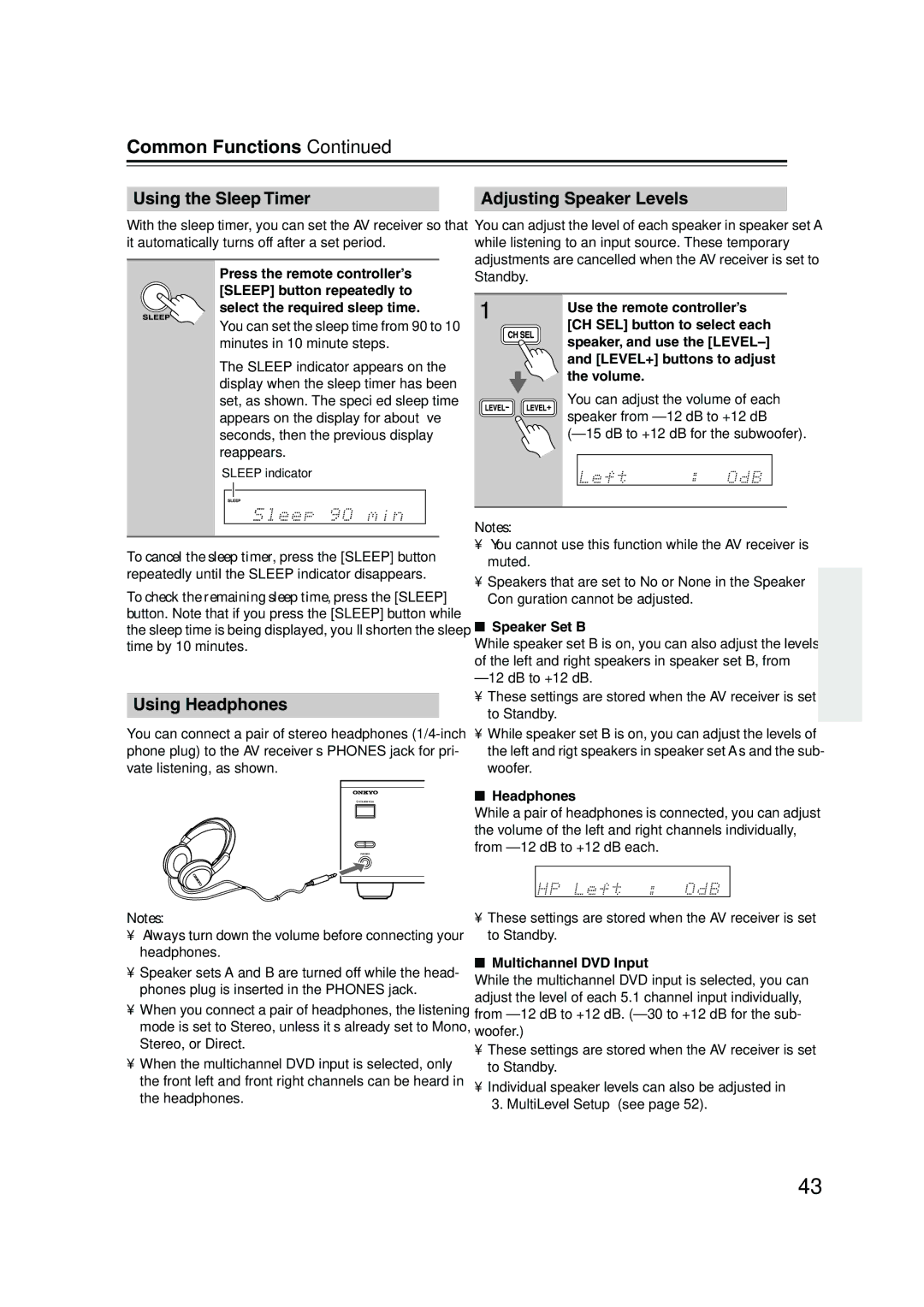 Onkyo HT-S580 instruction manual Common Functions, Using the Sleep Timer, Using Headphones, Adjusting Speaker Levels 