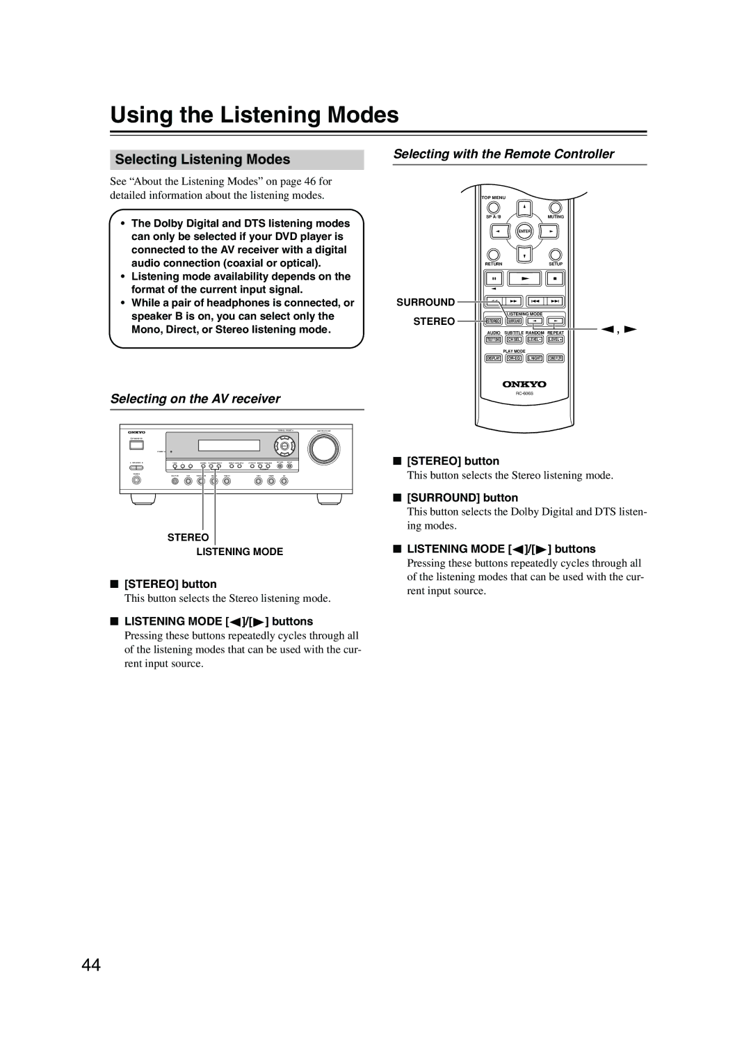 Onkyo HT-S580 instruction manual Using the Listening Modes, Selecting Listening Modes, Selecting on the AV receiver 