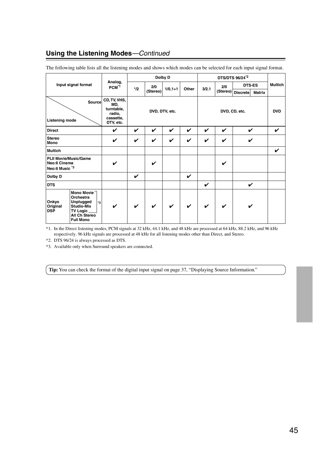 Onkyo HT-S580 instruction manual Using the Listening Modes, Dts-Es 