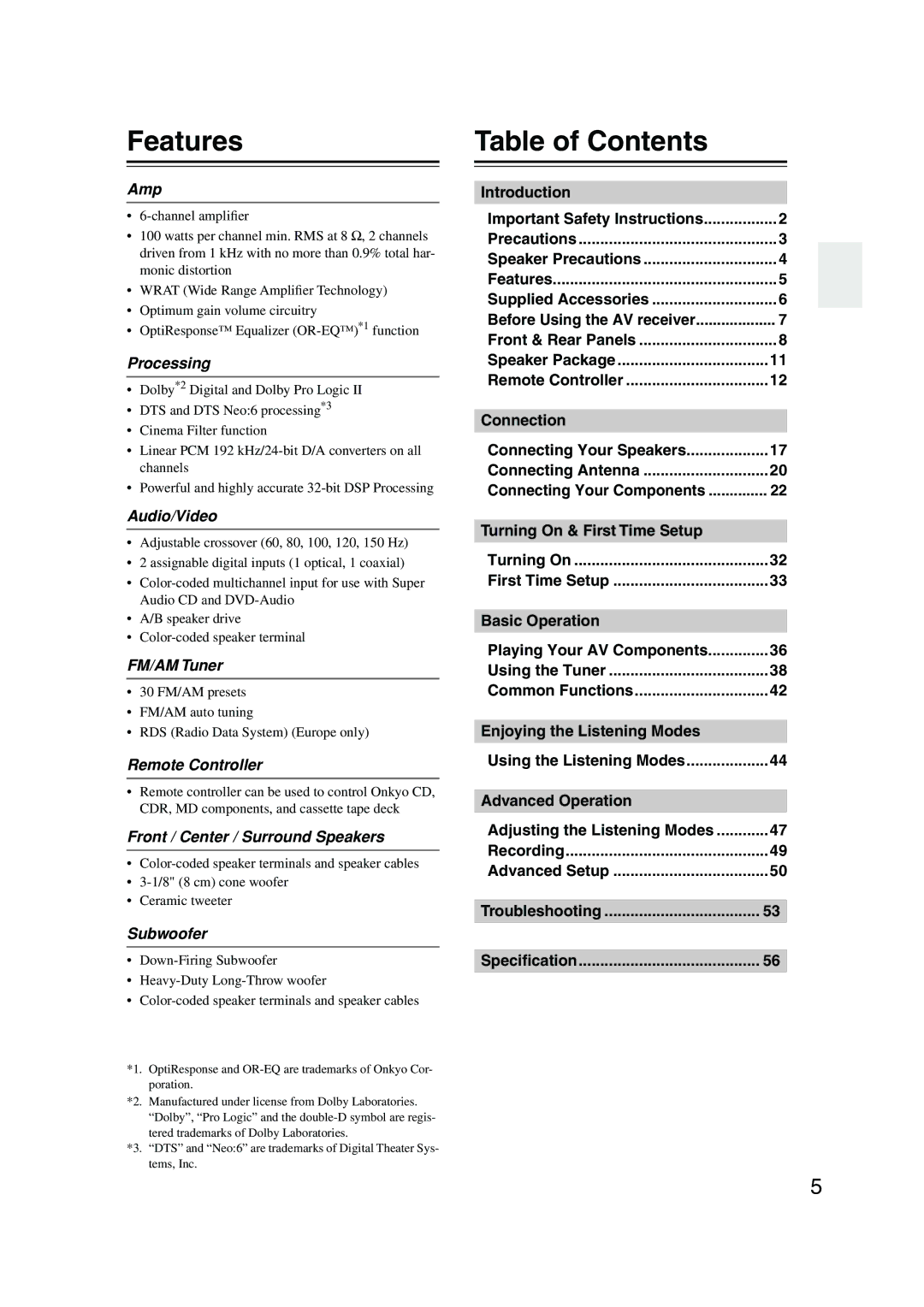 Onkyo HT-S580 instruction manual Features, Table of Contents 