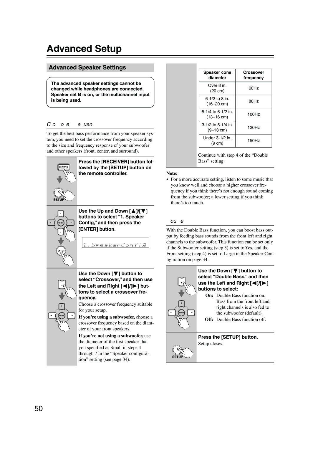 Onkyo HT-S580 instruction manual Advanced Setup, Advanced Speaker Settings, Crossover Frequency, Double Bass 