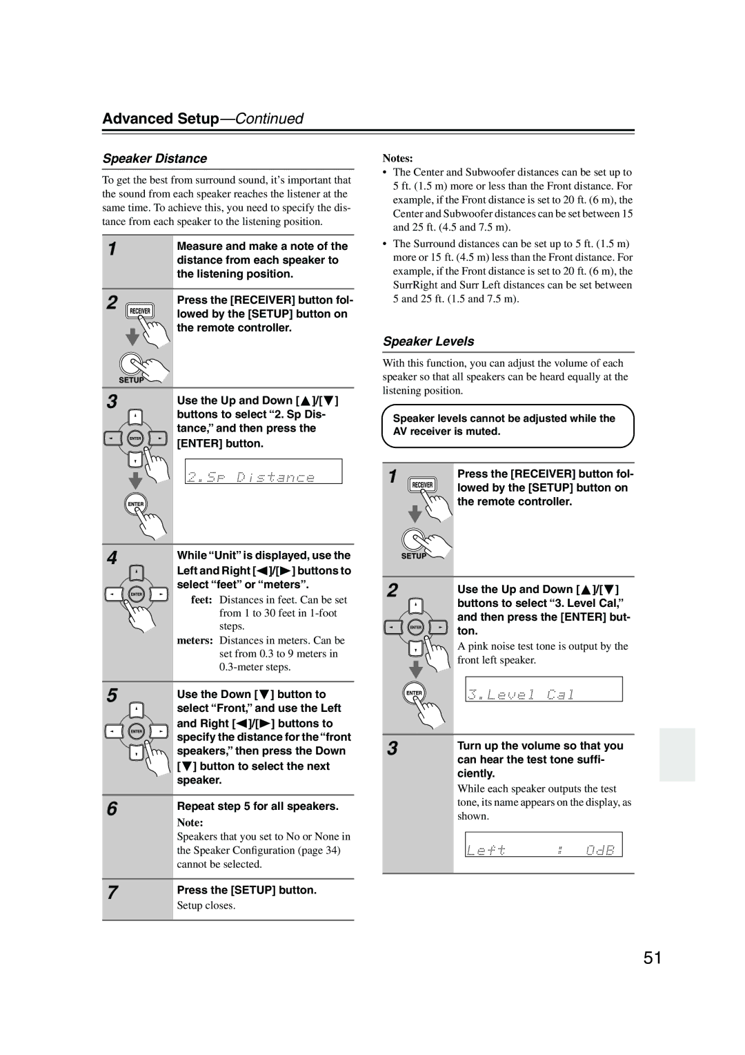 Onkyo HT-S580 instruction manual Advanced Setup, Speaker Distance, Speaker Levels 