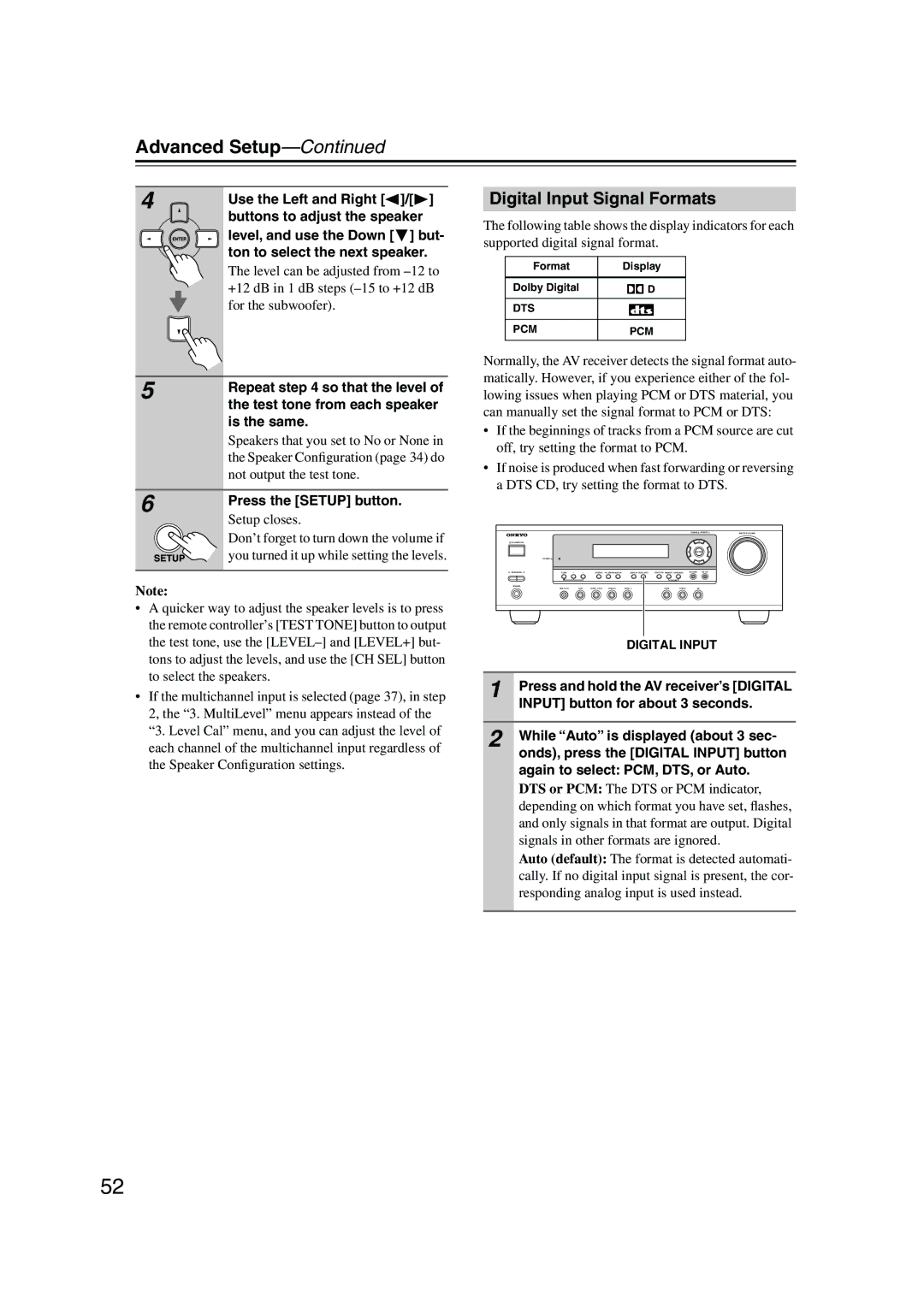 Onkyo HT-S580 instruction manual Digital Input Signal Formats 