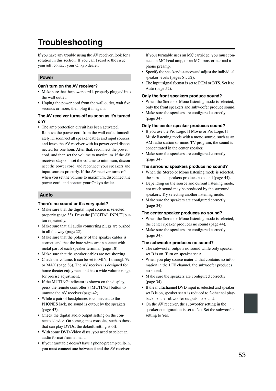 Onkyo HT-S580 instruction manual Troubleshooting 