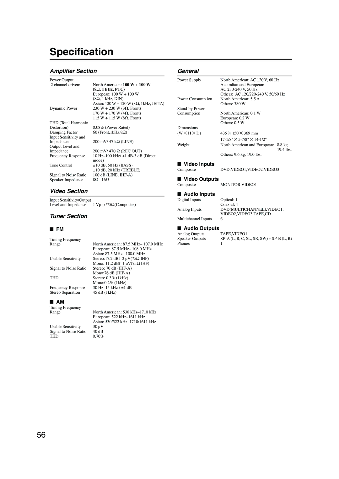 Onkyo HT-S580 instruction manual Speciﬁcation, Ampliﬁer Section, Video Section, Tuner Section, General 