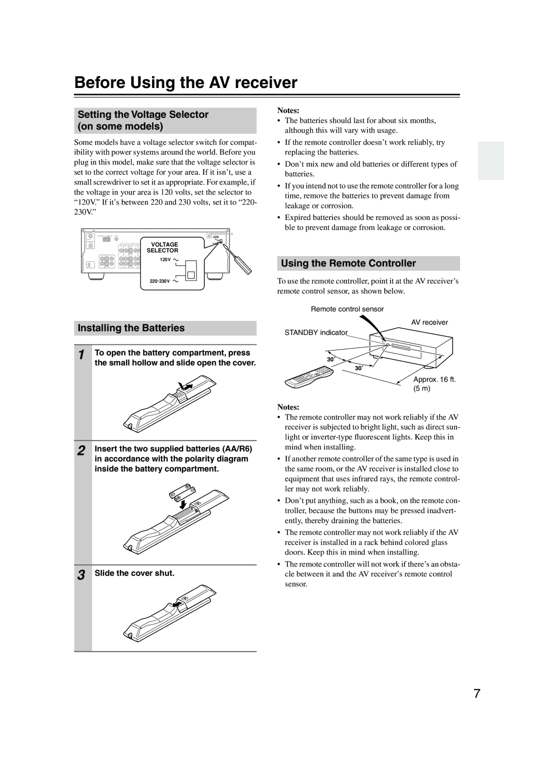 Onkyo HT-S580 Before Using the AV receiver, Setting the Voltage Selector on some models, Installing the Batteries 