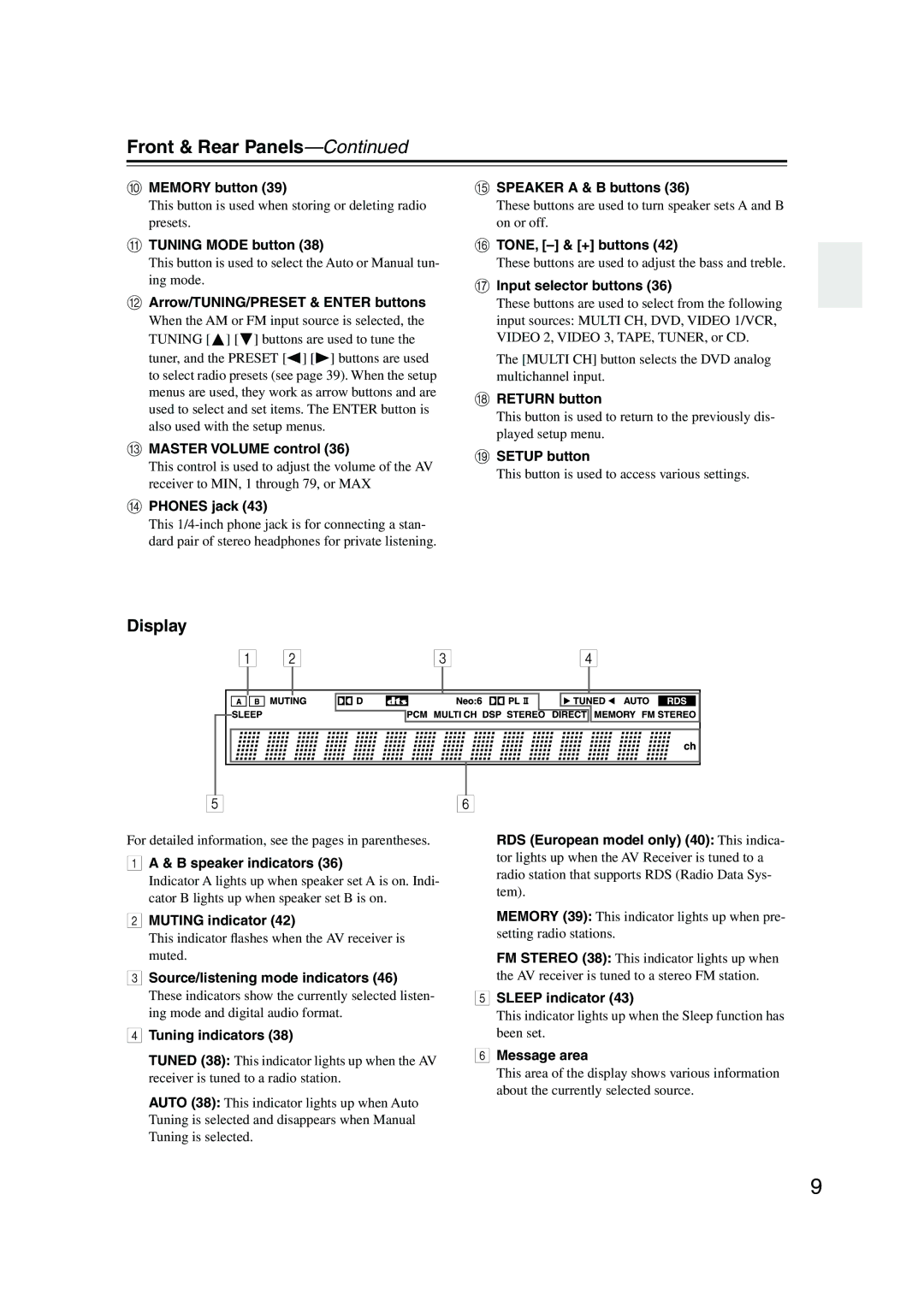 Onkyo HT-S580 instruction manual Front & Rear Panels, Display 