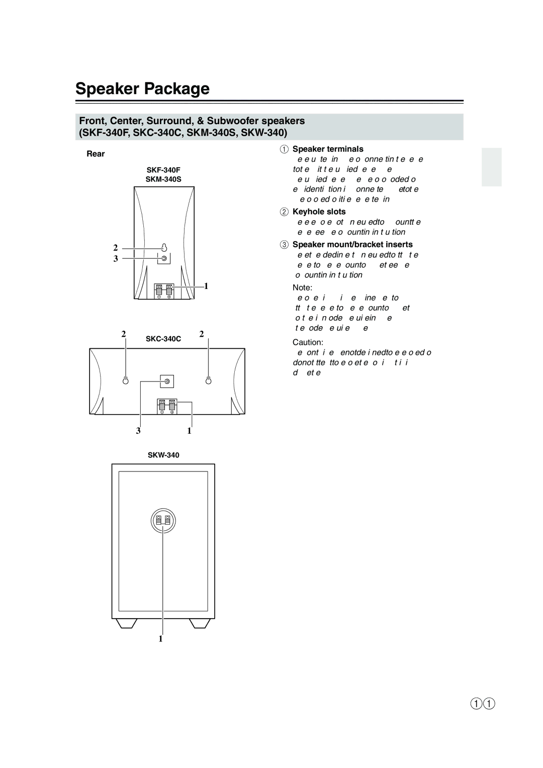 Onkyo HT-S590 instruction manual Speaker Package, Rear, Speaker terminals, Keyhole slots, Speaker mount/bracket inserts 