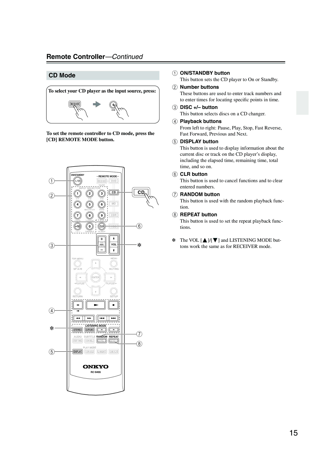 Onkyo HT-S590 instruction manual CD Mode, To select your CD player as the input source, press 