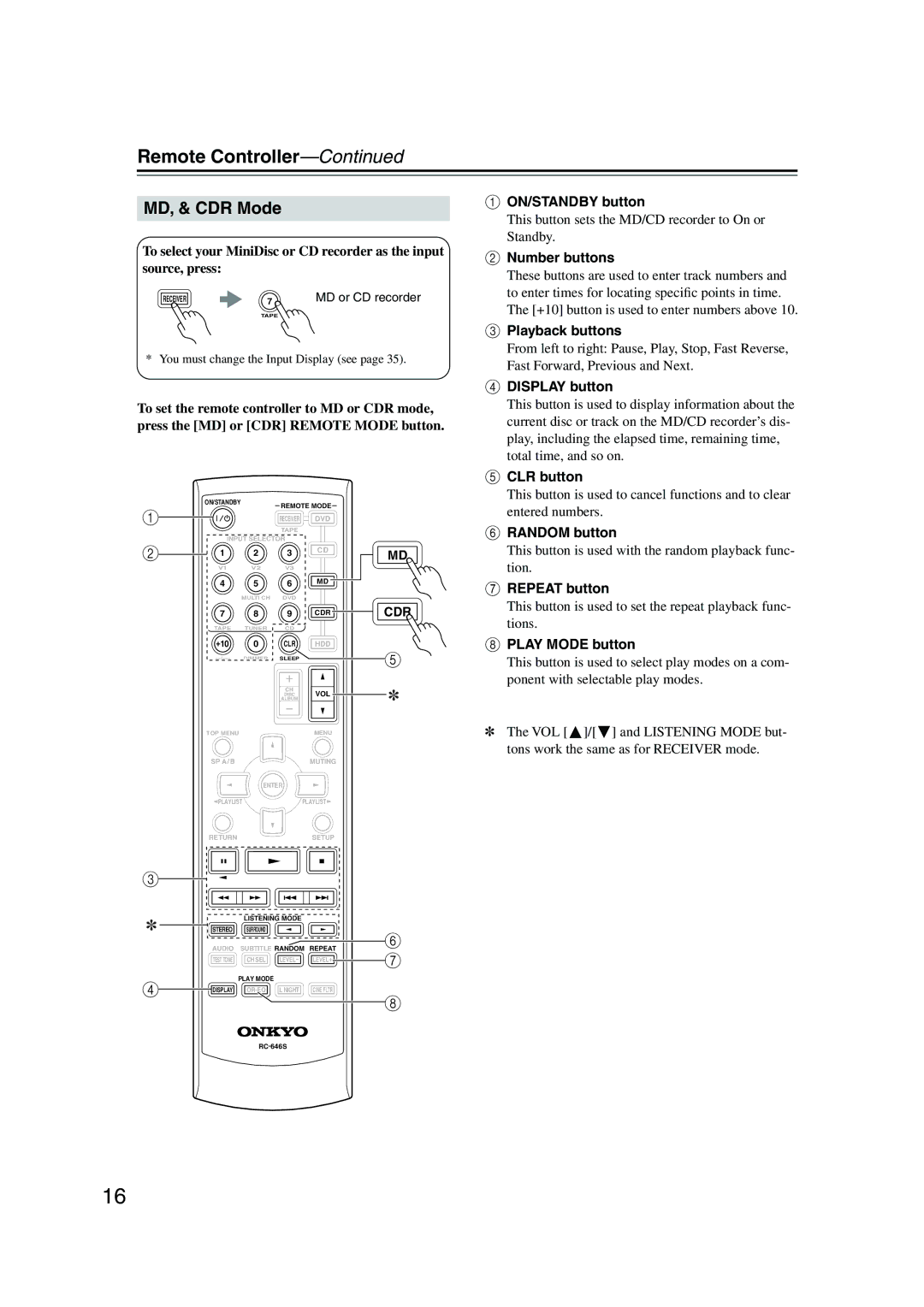 Onkyo HT-S590 instruction manual MD, & CDR Mode, Cdr 