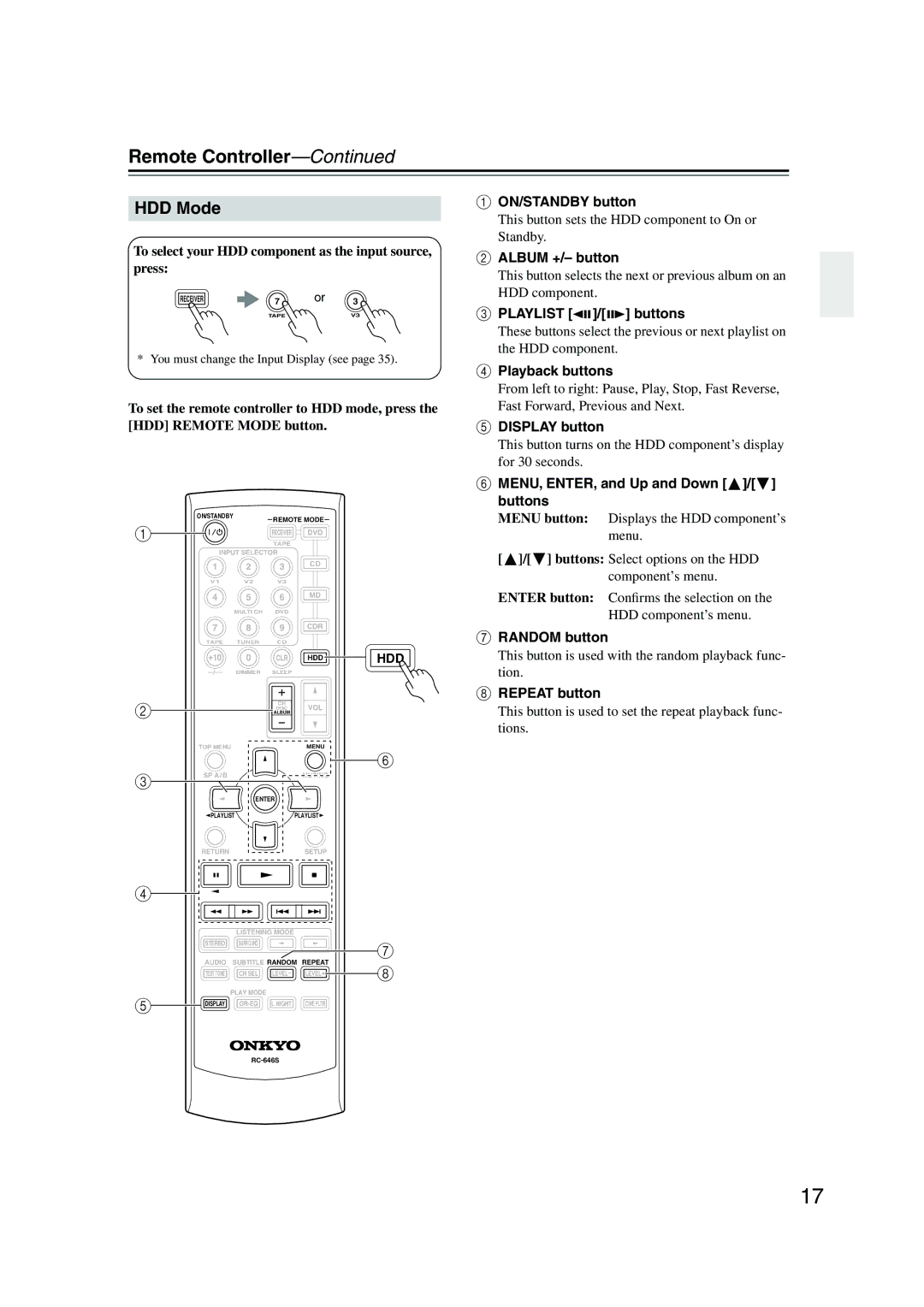 Onkyo HT-S590 HDD Mode, To select your HDD component as the input source, press, Album +/- button, Playlist / buttons 