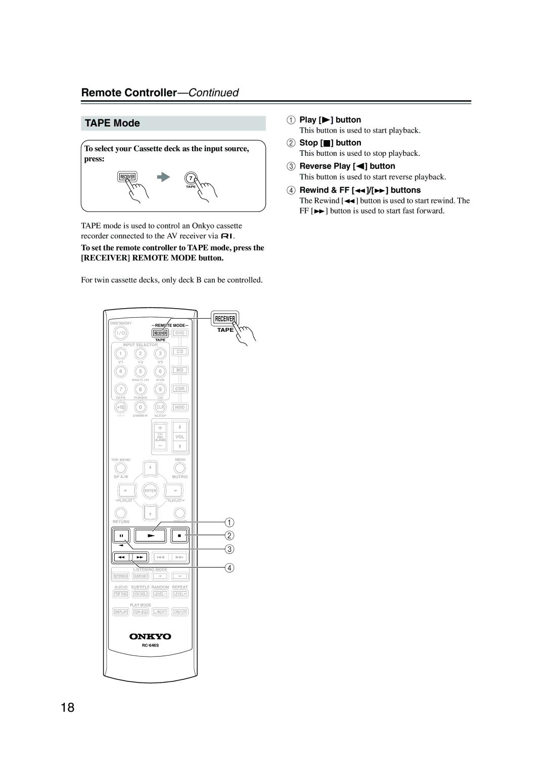 Onkyo HT-S590 instruction manual Tape Mode, Stop button, Reverse Play button, Rewind & FF / buttons 