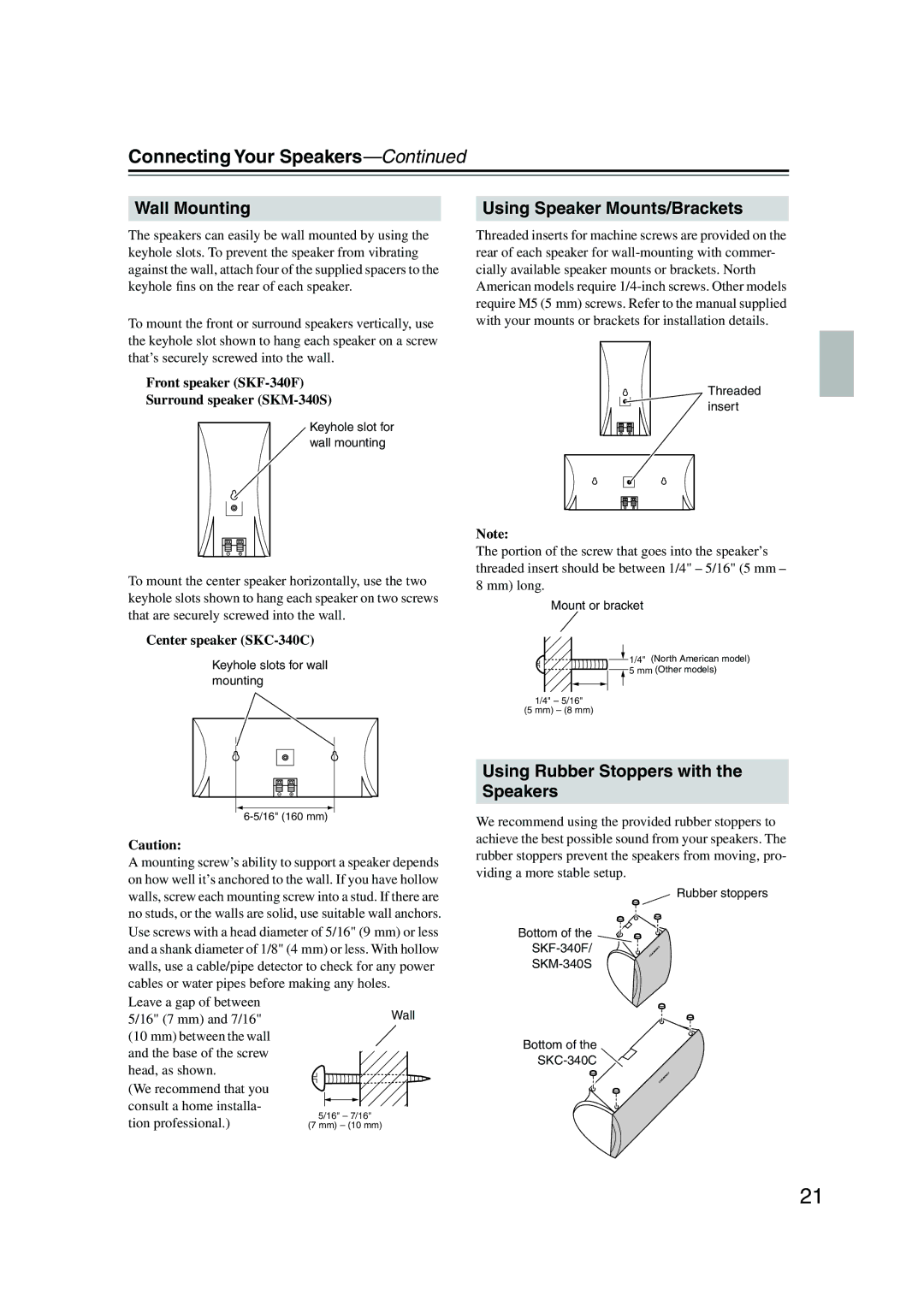 Onkyo HT-S590 instruction manual Connecting Your Speakers, Wall Mounting, Using Speaker Mounts/Brackets 