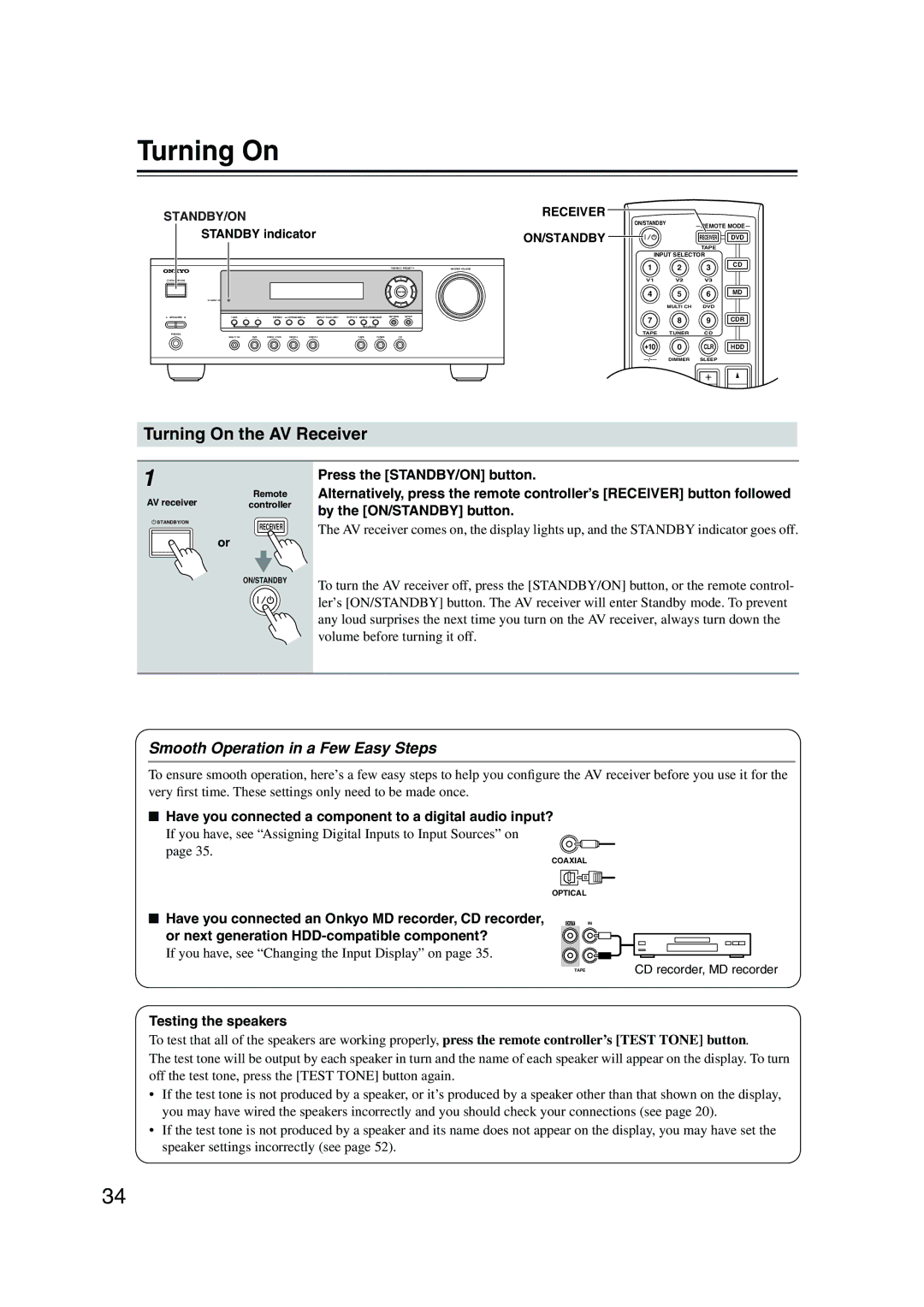 Onkyo HT-S590 instruction manual Turning On the AV Receiver, Smooth Operation in a Few Easy Steps, Testing the speakers 