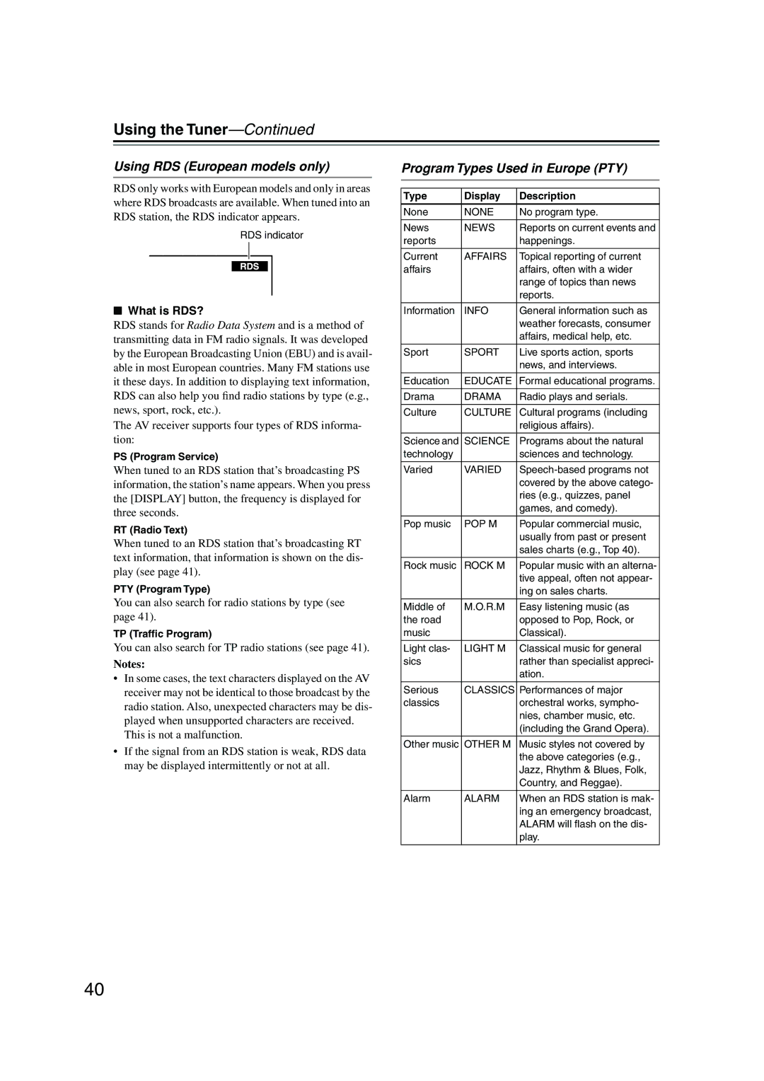 Onkyo HT-S590 instruction manual Using RDS European models only, Program Types Used in Europe PTY, What is RDS? 