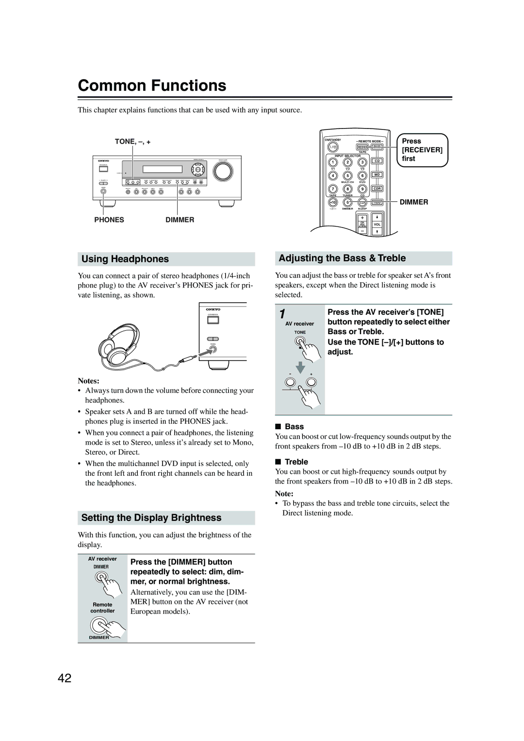 Onkyo HT-S590 Common Functions, Using Headphones, Setting the Display Brightness, Adjusting the Bass & Treble 