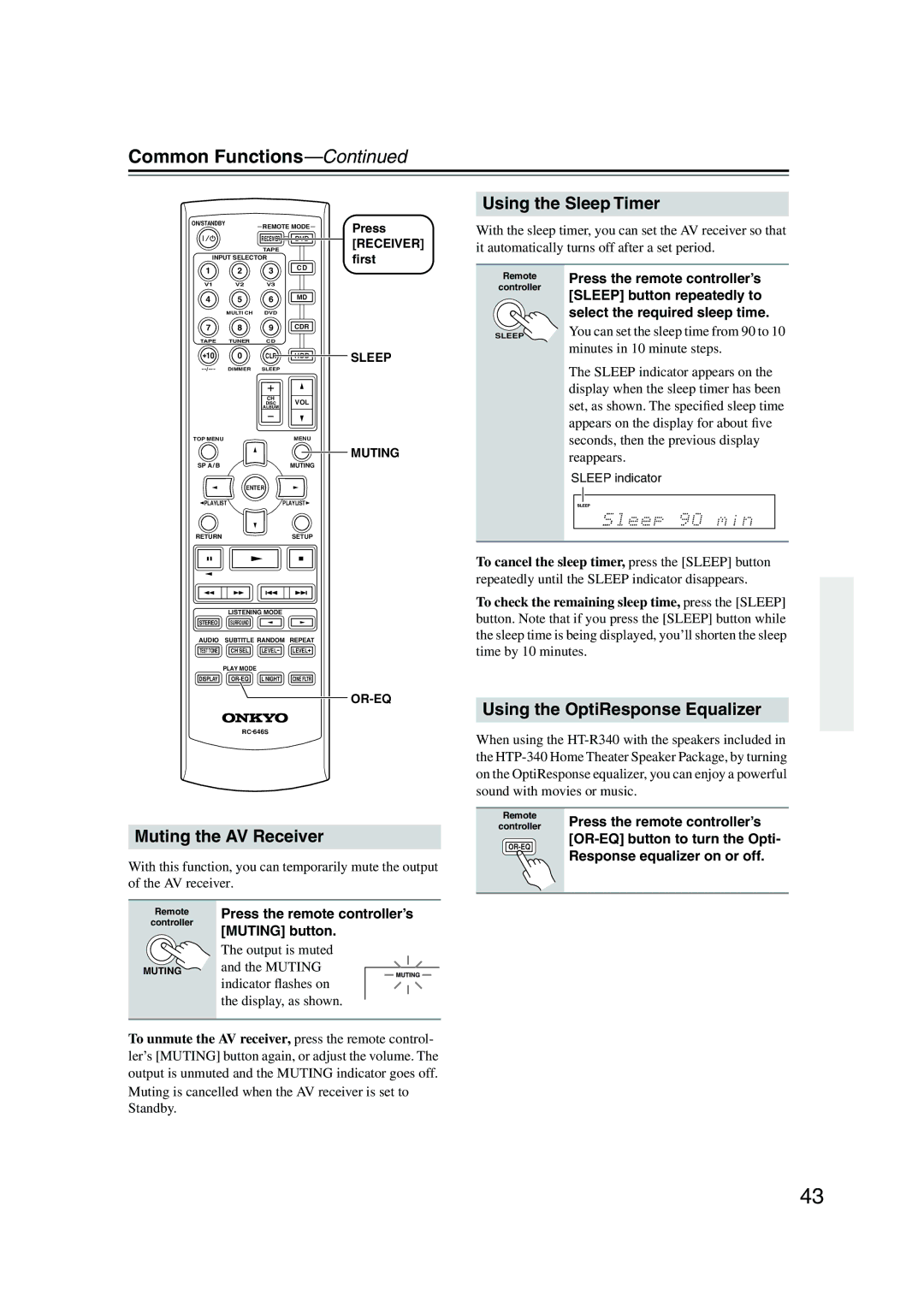 Onkyo HT-S590 Common Functions, Using the Sleep Timer, Muting the AV Receiver, Using the OptiResponse Equalizer 