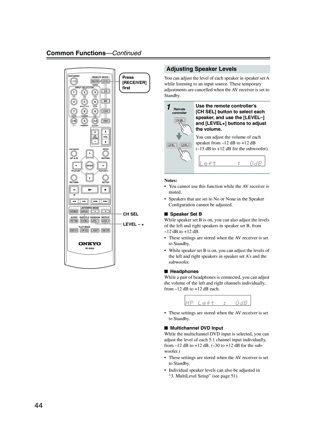 Onkyo HT-S590 Adjusting Speaker Levels, Speaker Set B, Headphones, Multichannel DVD Input, CH SEL Level + 