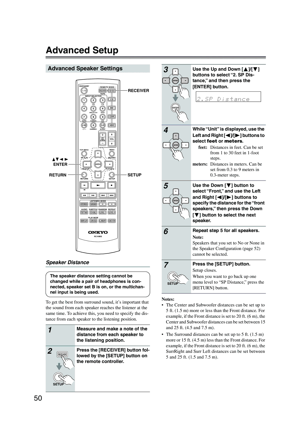 Onkyo HT-S590 instruction manual Advanced Setup, Advanced Speaker Settings, Speaker Distance, Lowed by the Setup button on 