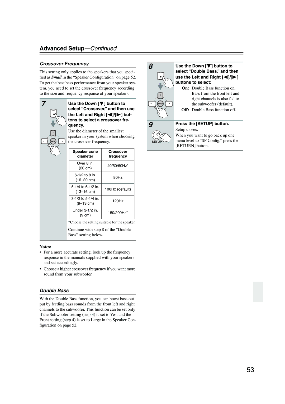 Onkyo HT-S590 Crossover Frequency, Double Bass, Use the Down button to, Use the Left and Right / buttons to select 