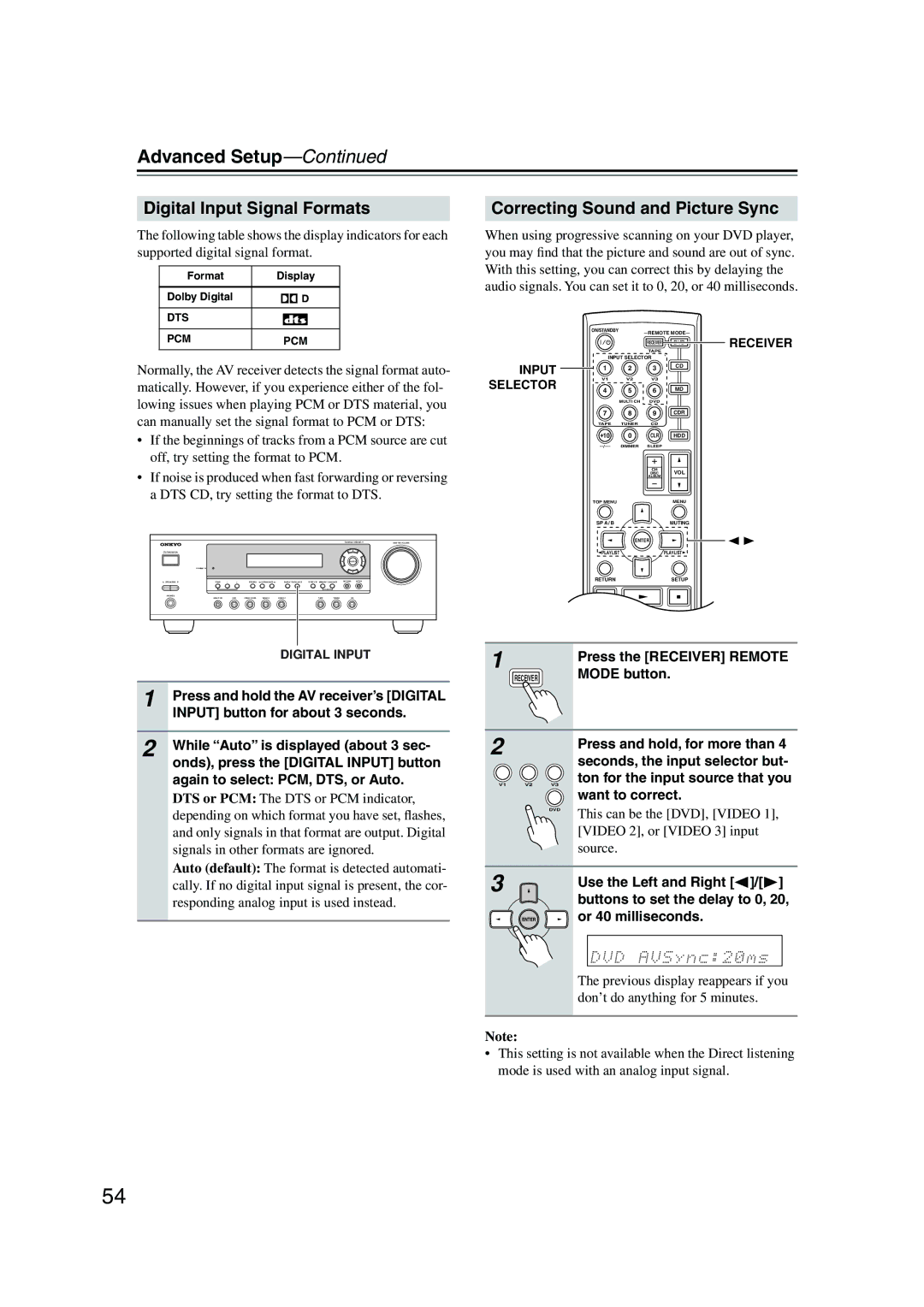 Onkyo HT-S590 instruction manual Digital Input Signal Formats, Correcting Sound and Picture Sync 