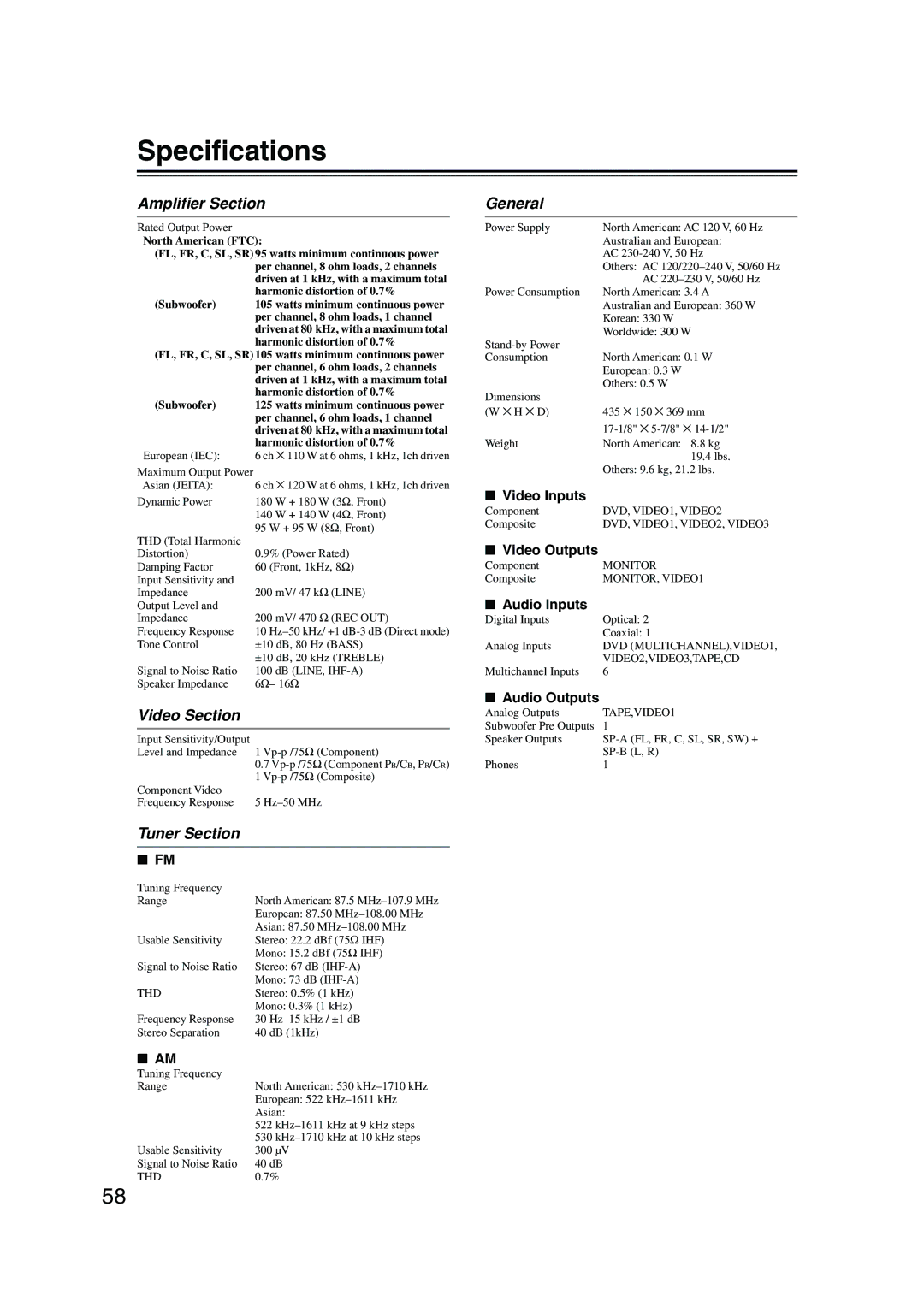 Onkyo HT-S590 instruction manual Speciﬁcations, Ampliﬁer Section, Video Section, Tuner Section, General 