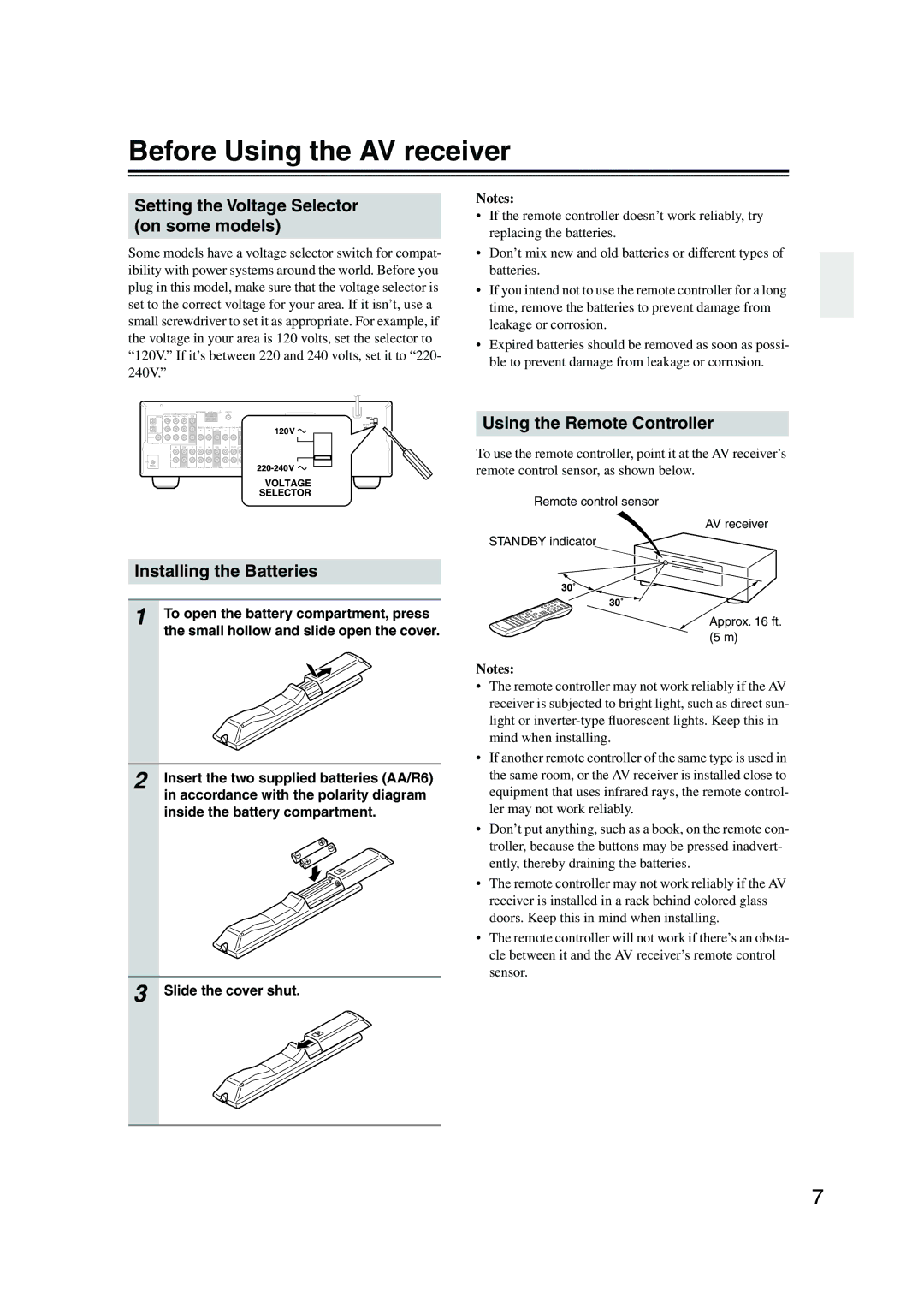 Onkyo HT-S590 Before Using the AV receiver, Setting the Voltage Selector on some models, Installing the Batteries 