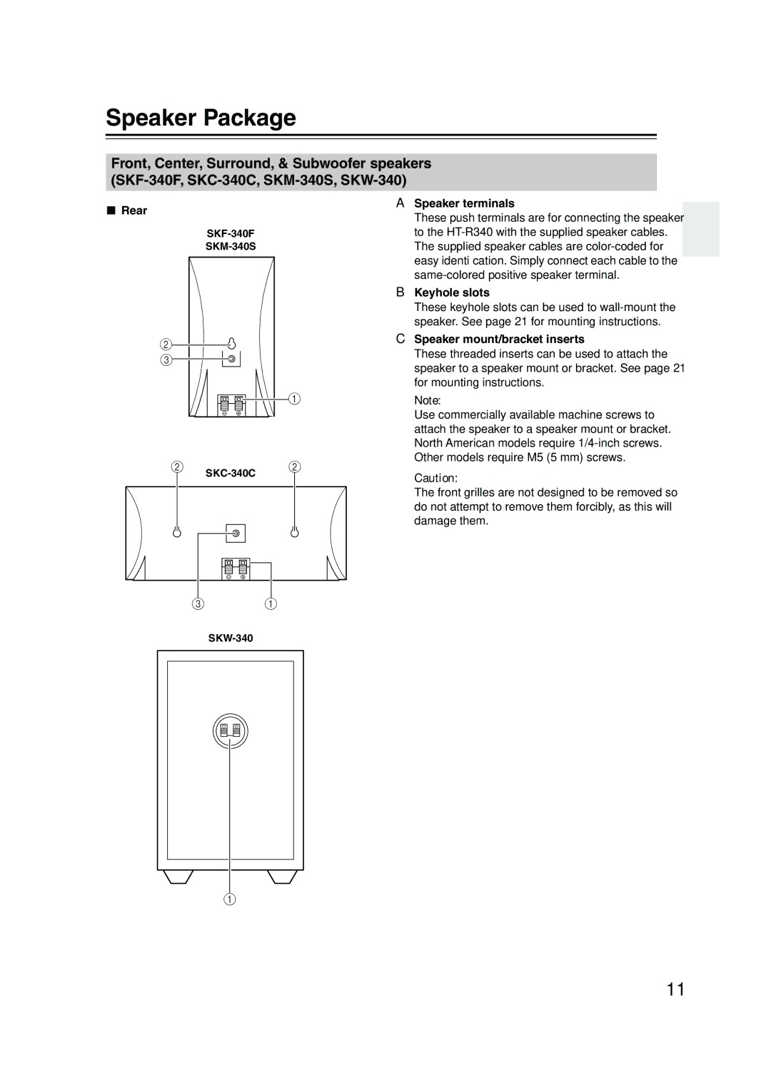 Onkyo HT-S590 instruction manual Speaker Package, Rear, Speaker terminals, Keyhole slots, Speaker mount/bracket inserts 