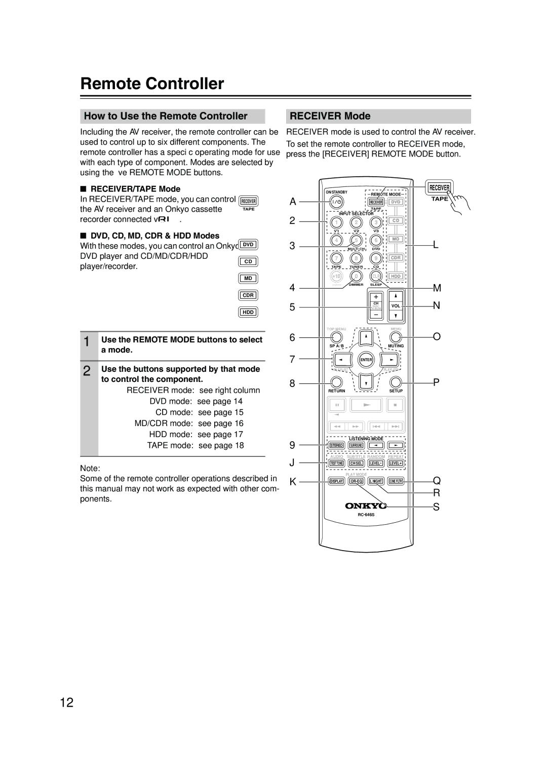 Onkyo HT-S590 instruction manual How to Use the Remote Controller, Receiver Mode 